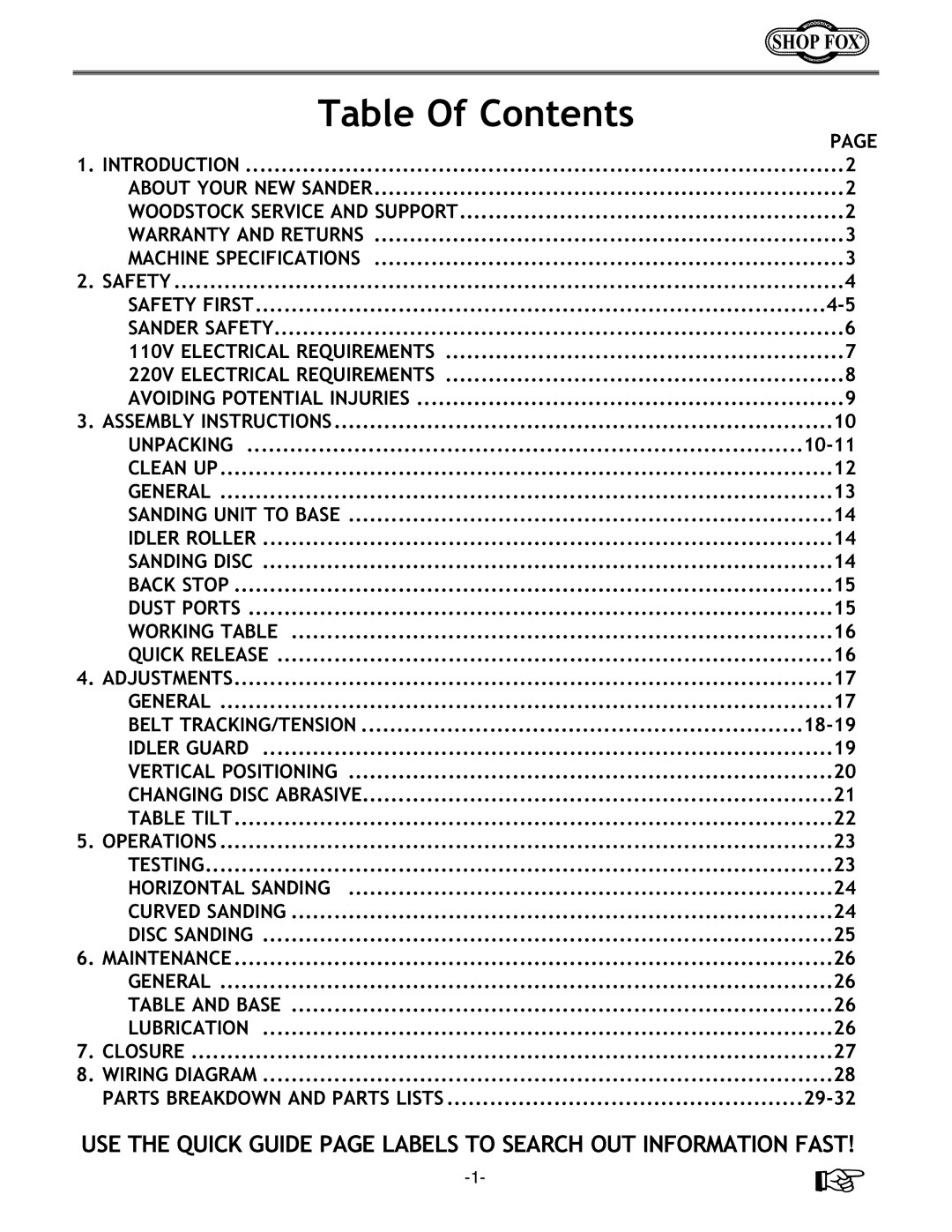 Woodstock Model owner manual Table Of Contents 