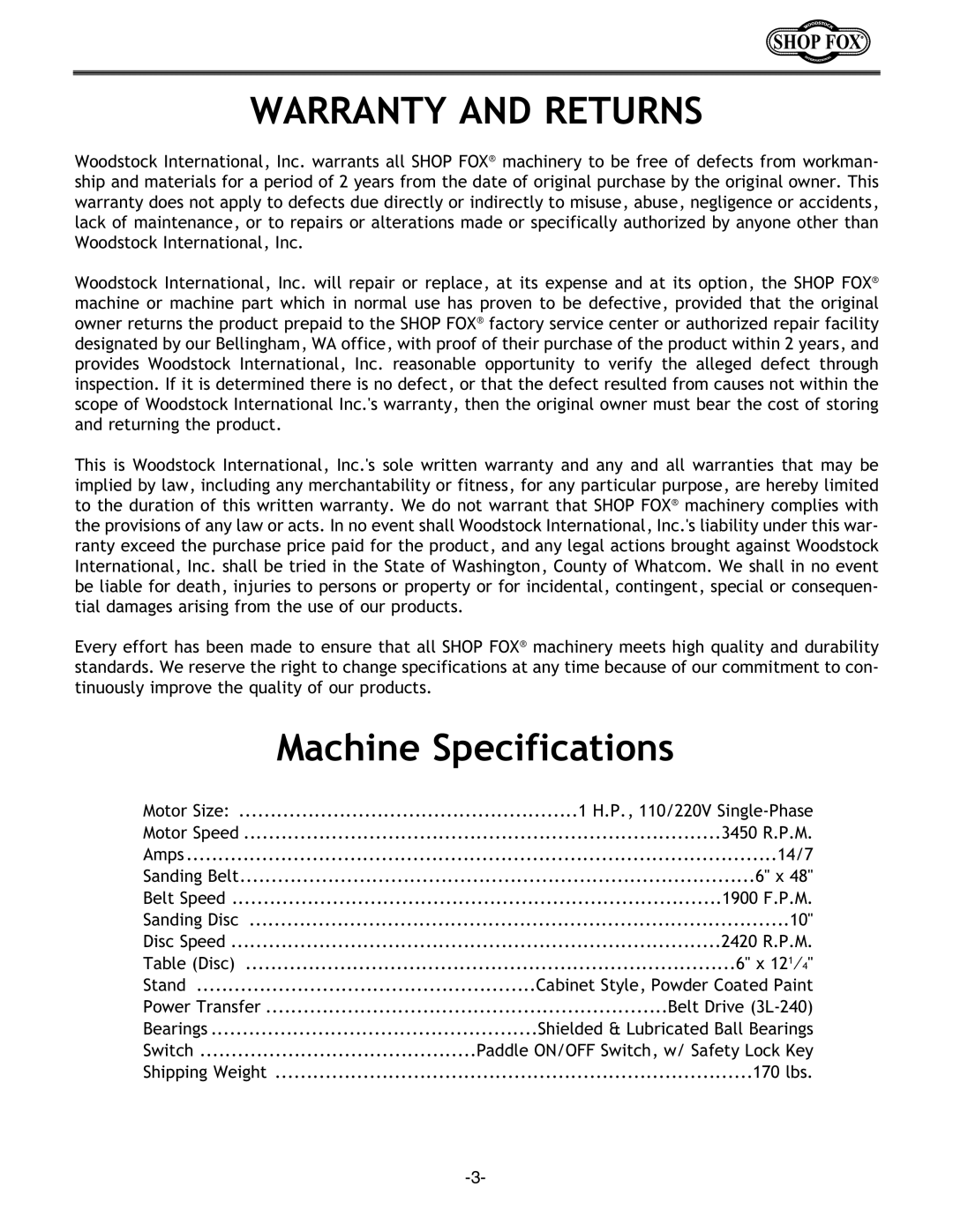 Woodstock Model owner manual Warranty and Returns, Machine Specifications 