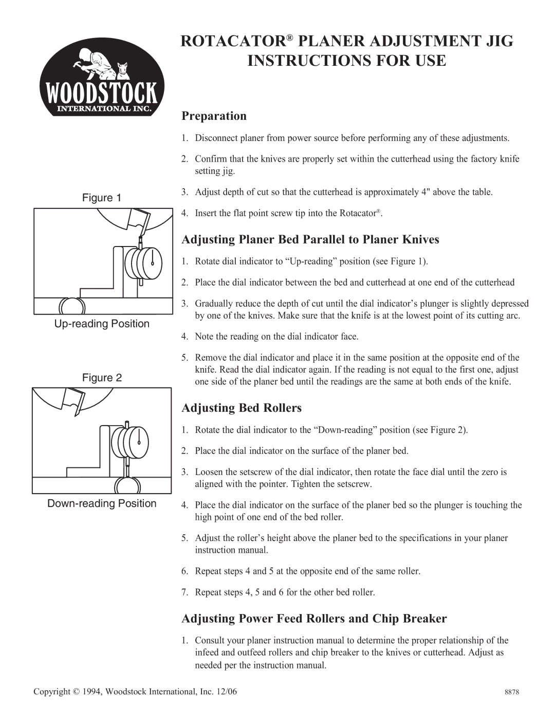 Woodstock specifications Instructions for USE, Preparation, Adjusting Planer Bed Parallel to Planer Knives 