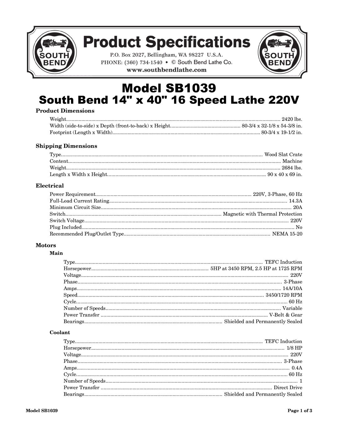 Woodstock SB1039 dimensions Product Dimensions, Shipping Dimensions, Electrical, Motors 