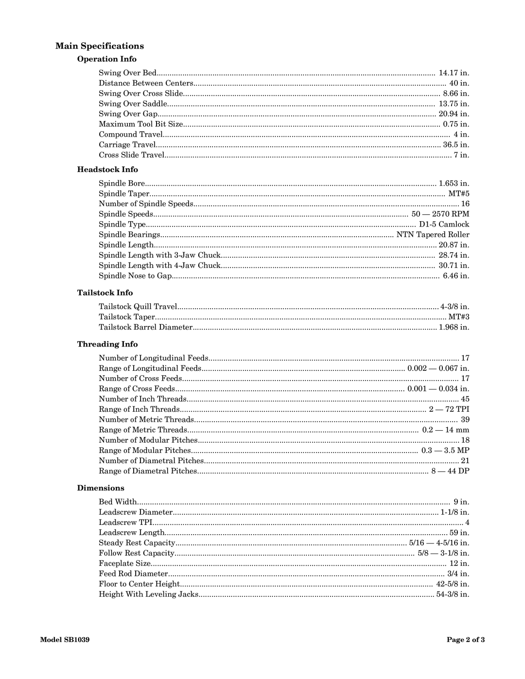 Woodstock SB1039 dimensions Main Specifications 