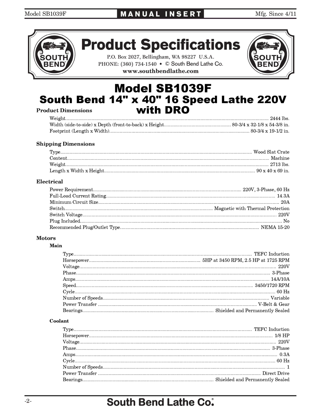 Woodstock SB1039F specifications Product Dimensions, Shipping Dimensions, Electrical, Motors 