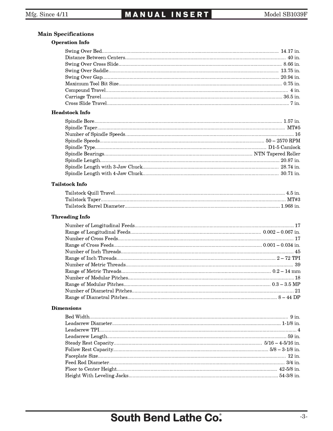 Woodstock SB1039F specifications Main Specifications 