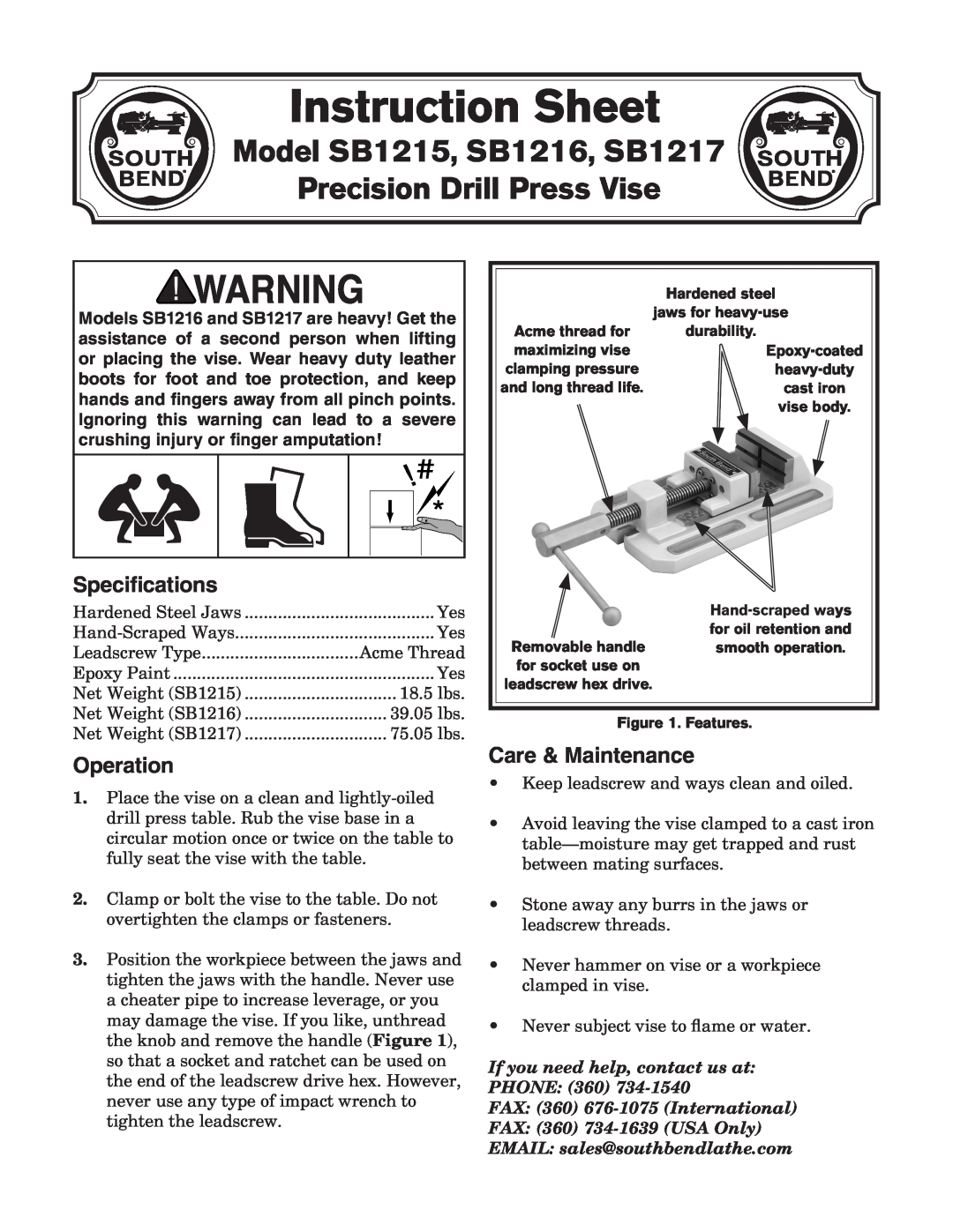 Woodstock instruction sheet Instruction Sheet, Model SB1215, SB1216, SB1217 Precision Drill Press Vise, Specifications 