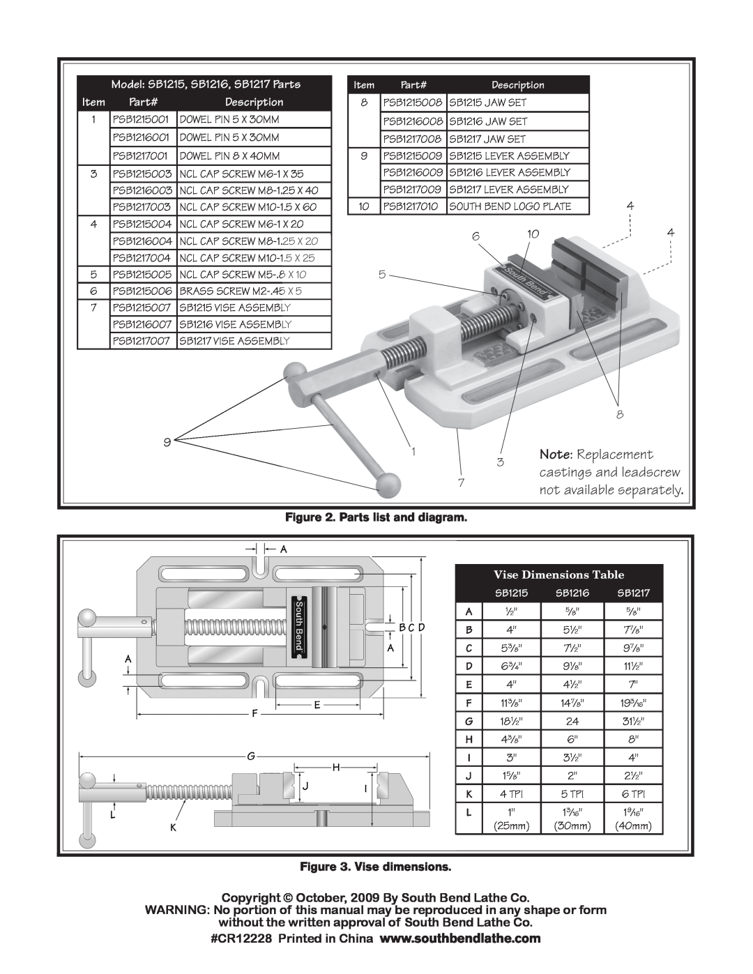 Woodstock Note Replacement, castings and leadscrew, not available separately, Model SB1215, SB1216, SB1217 Parts, Part# 