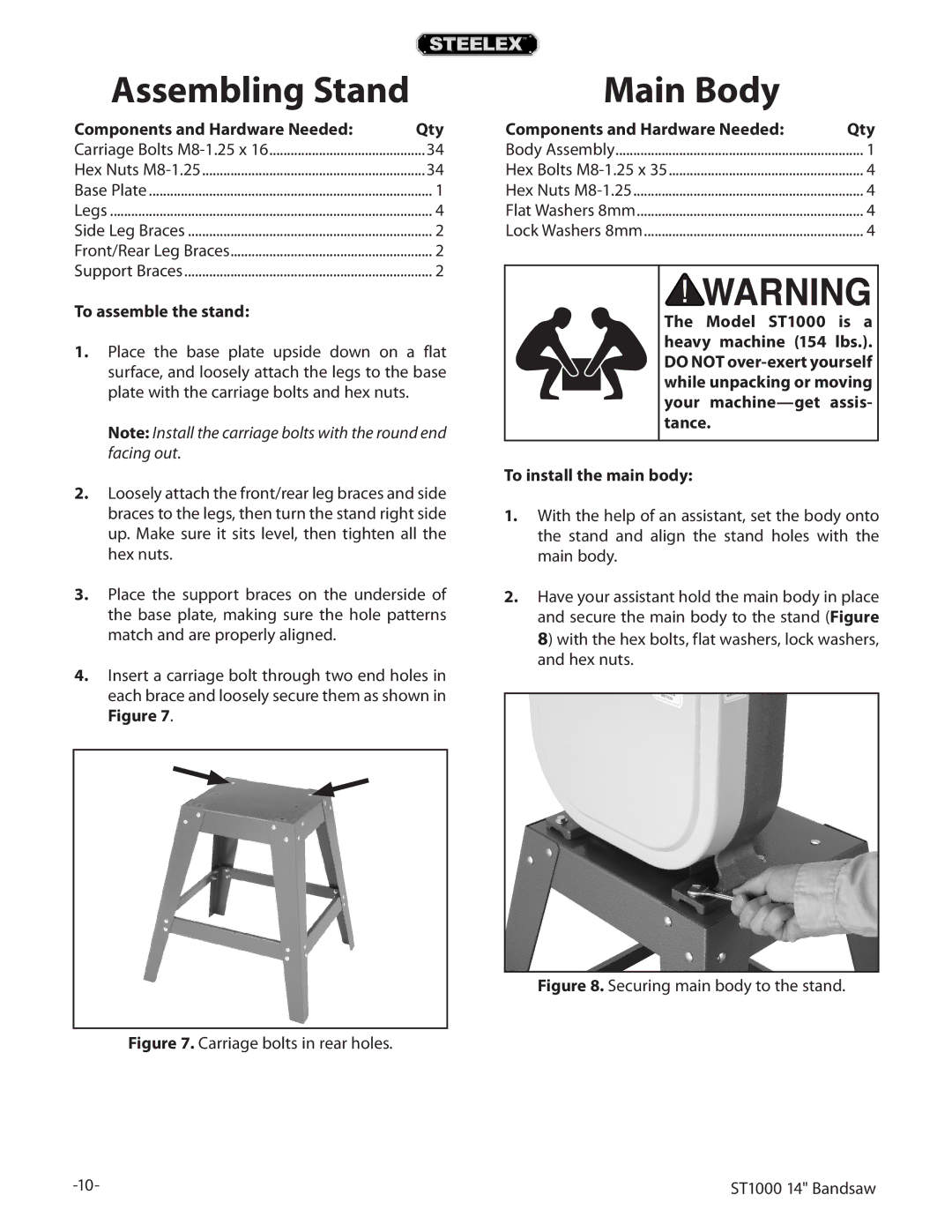 Woodstock ST1000 owner manual Assembling Stand, Main Body, Components and Hardware Needed Qty, To assemble the stand 