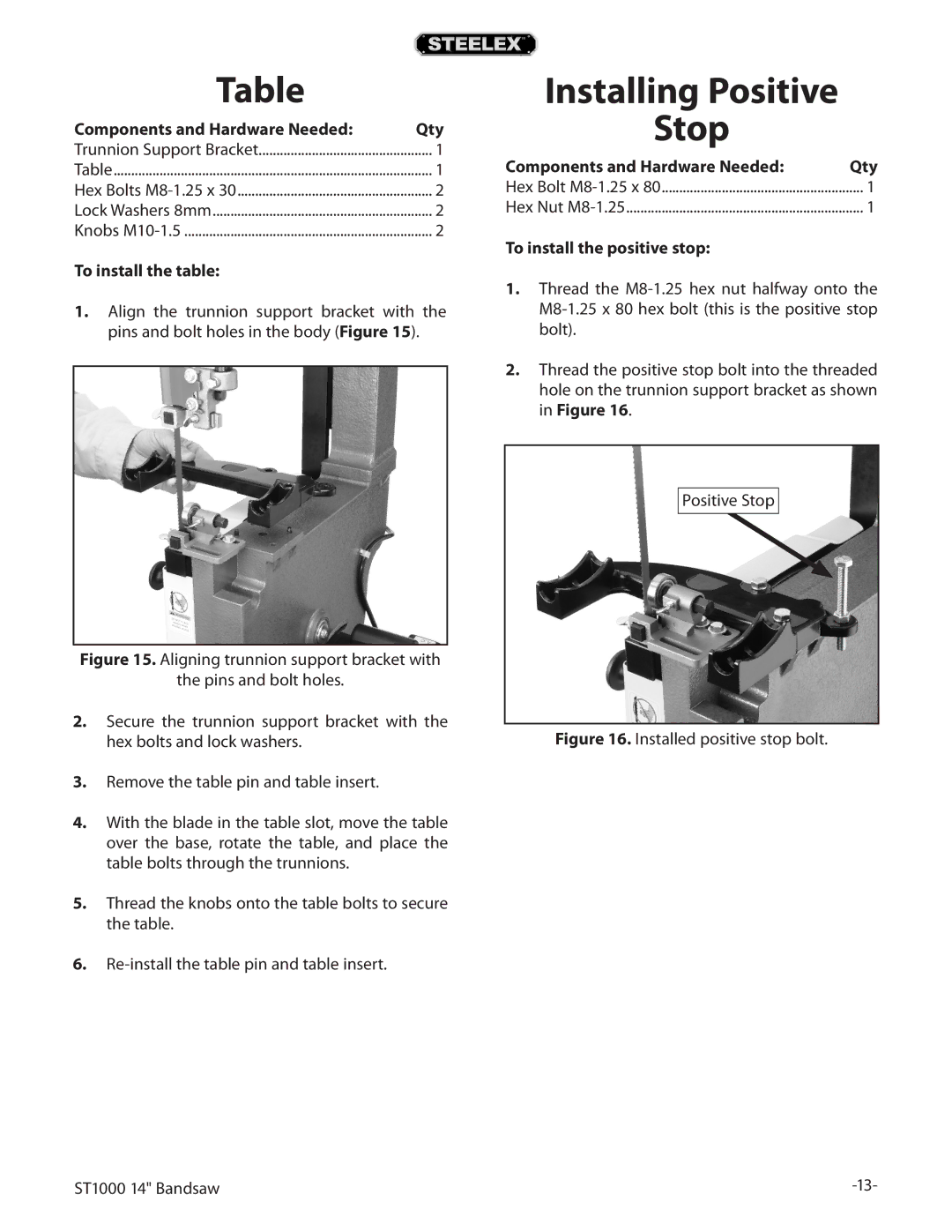 Woodstock ST1000 owner manual Installing Positive Stop, To install the table, To install the positive stop 