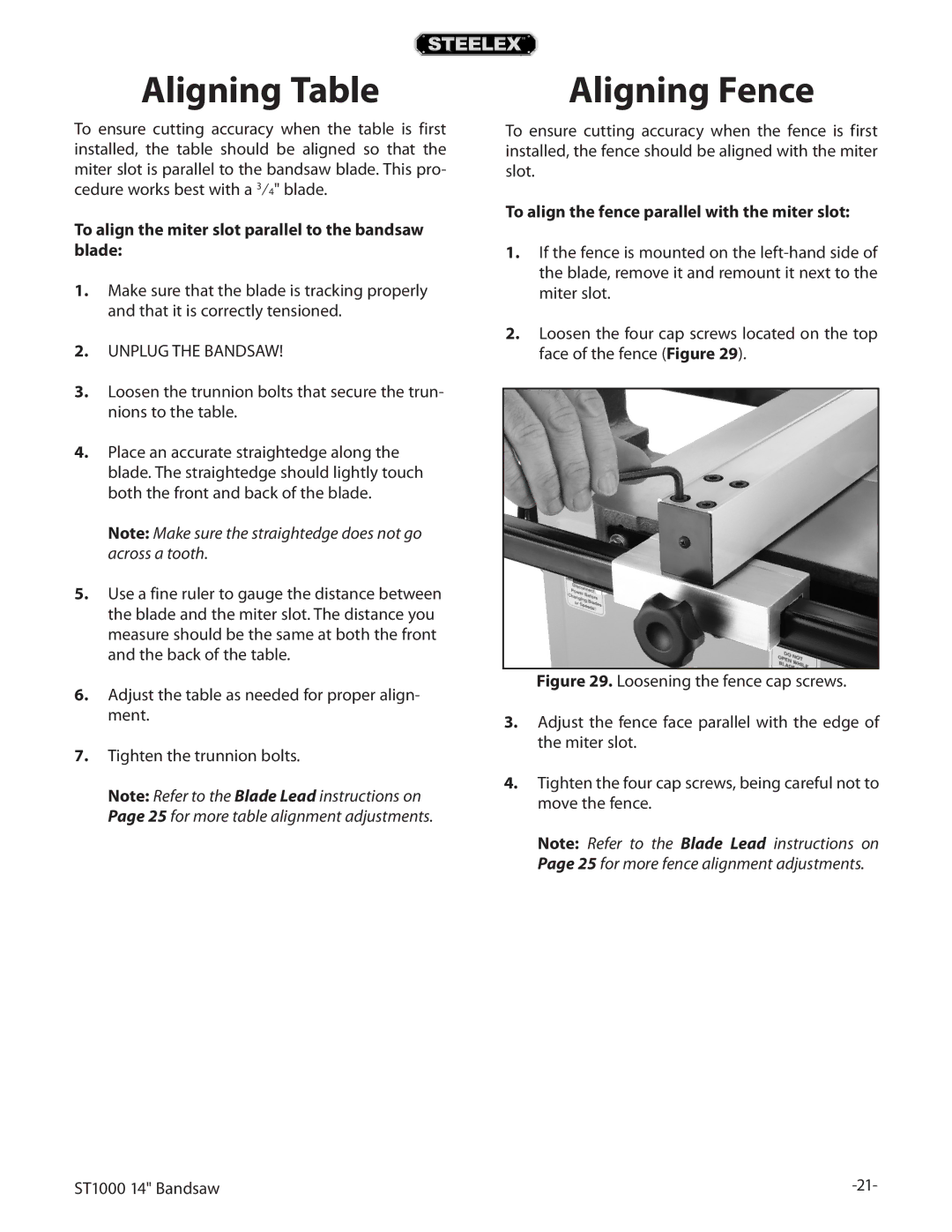 Woodstock ST1000 owner manual Aligning Table, Aligning Fence, To align the miter slot parallel to the bandsaw blade 