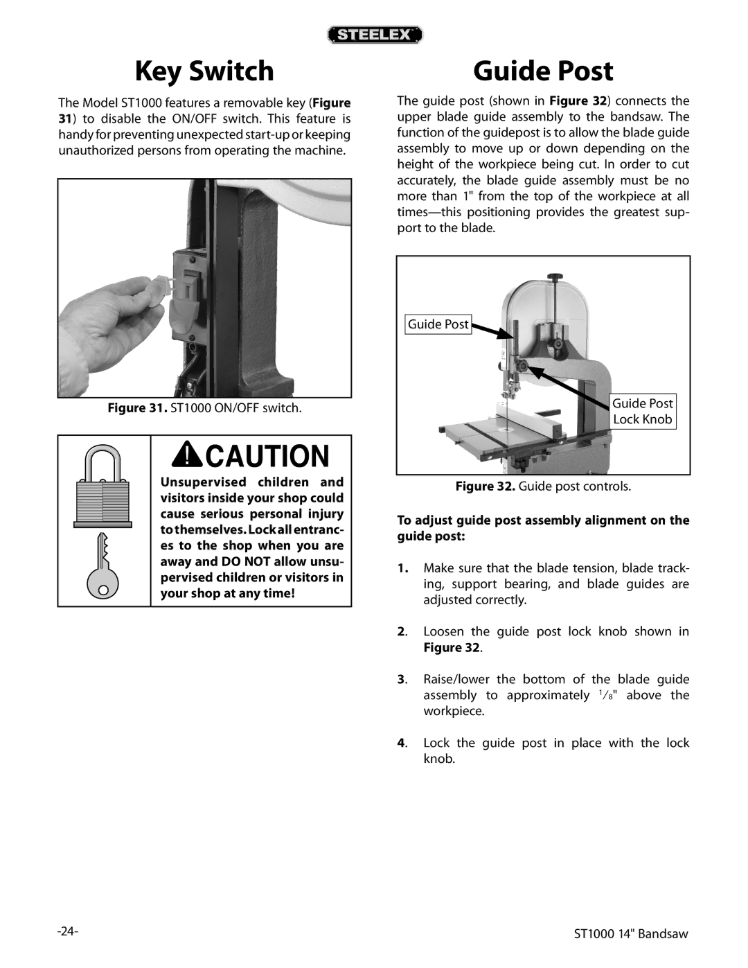 Woodstock ST1000 owner manual Key Switch, Guide Post, To adjust guide post assembly alignment on the guide post 