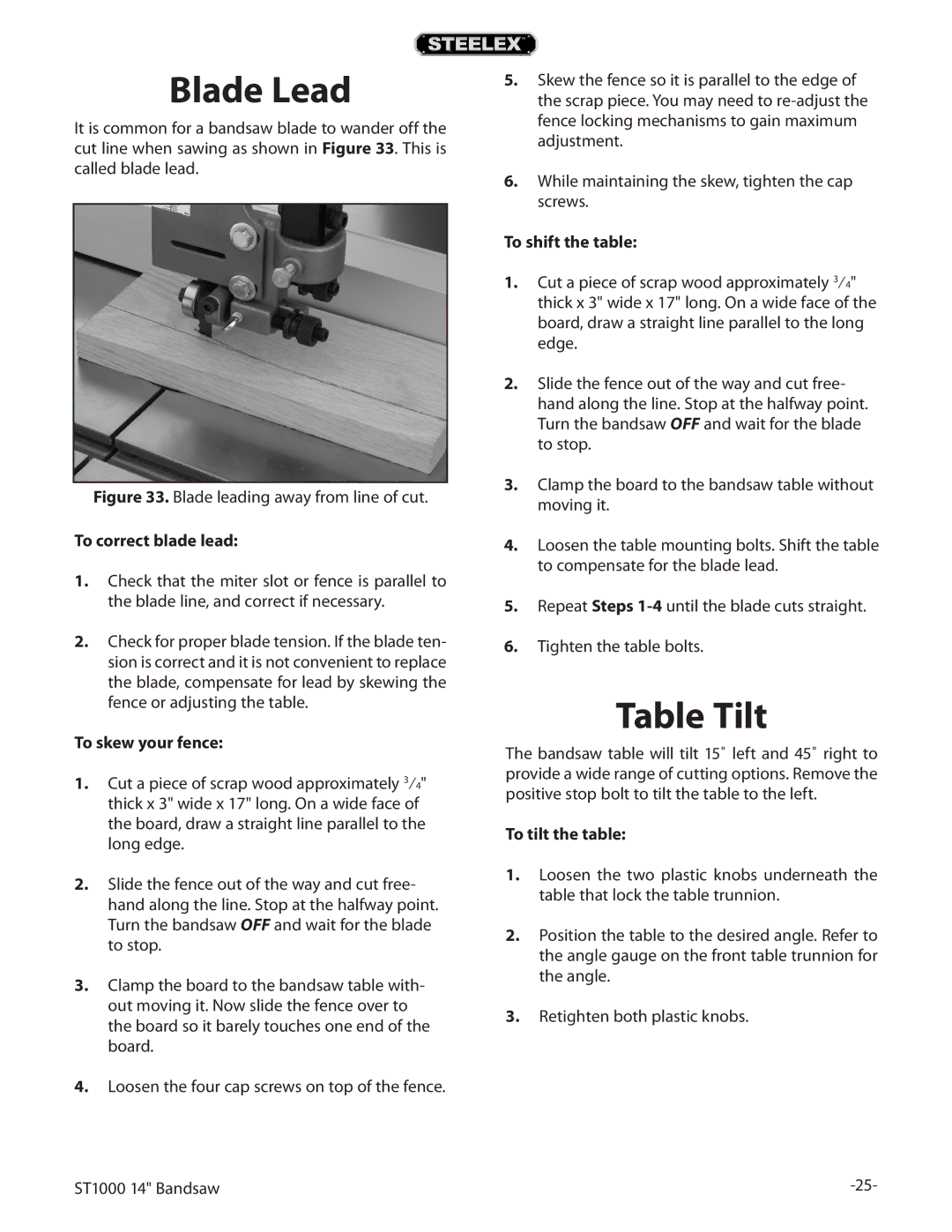 Woodstock ST1000 owner manual Blade Lead, Table Tilt 