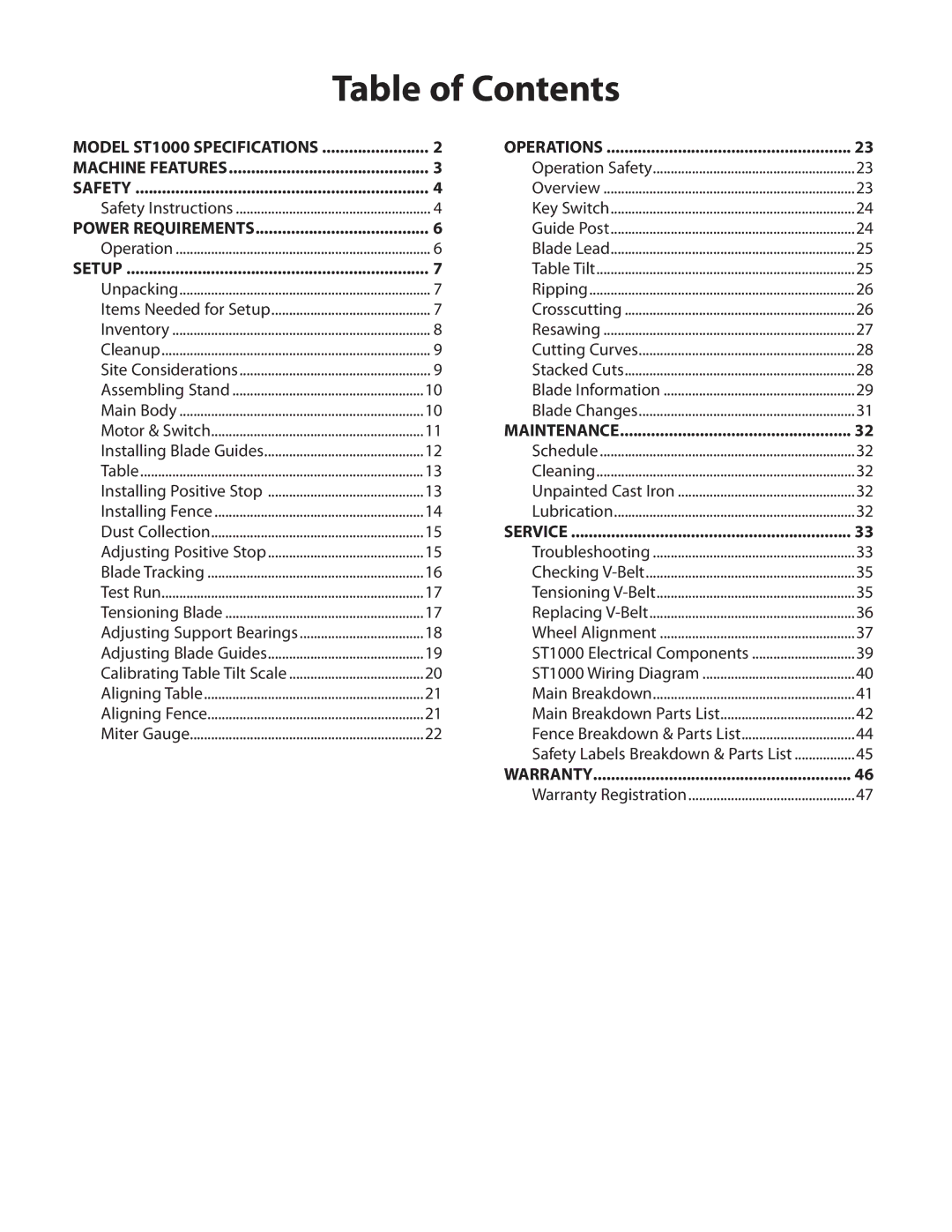 Woodstock ST1000 owner manual Table of Contents 