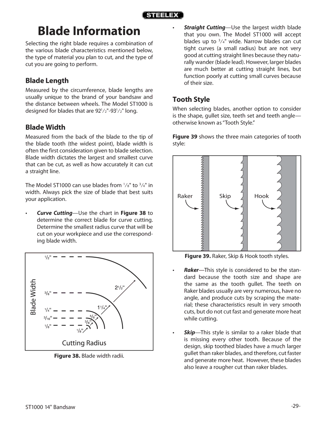 Woodstock ST1000 owner manual Blade Information, Blade Length, Blade Width, Tooth Style 