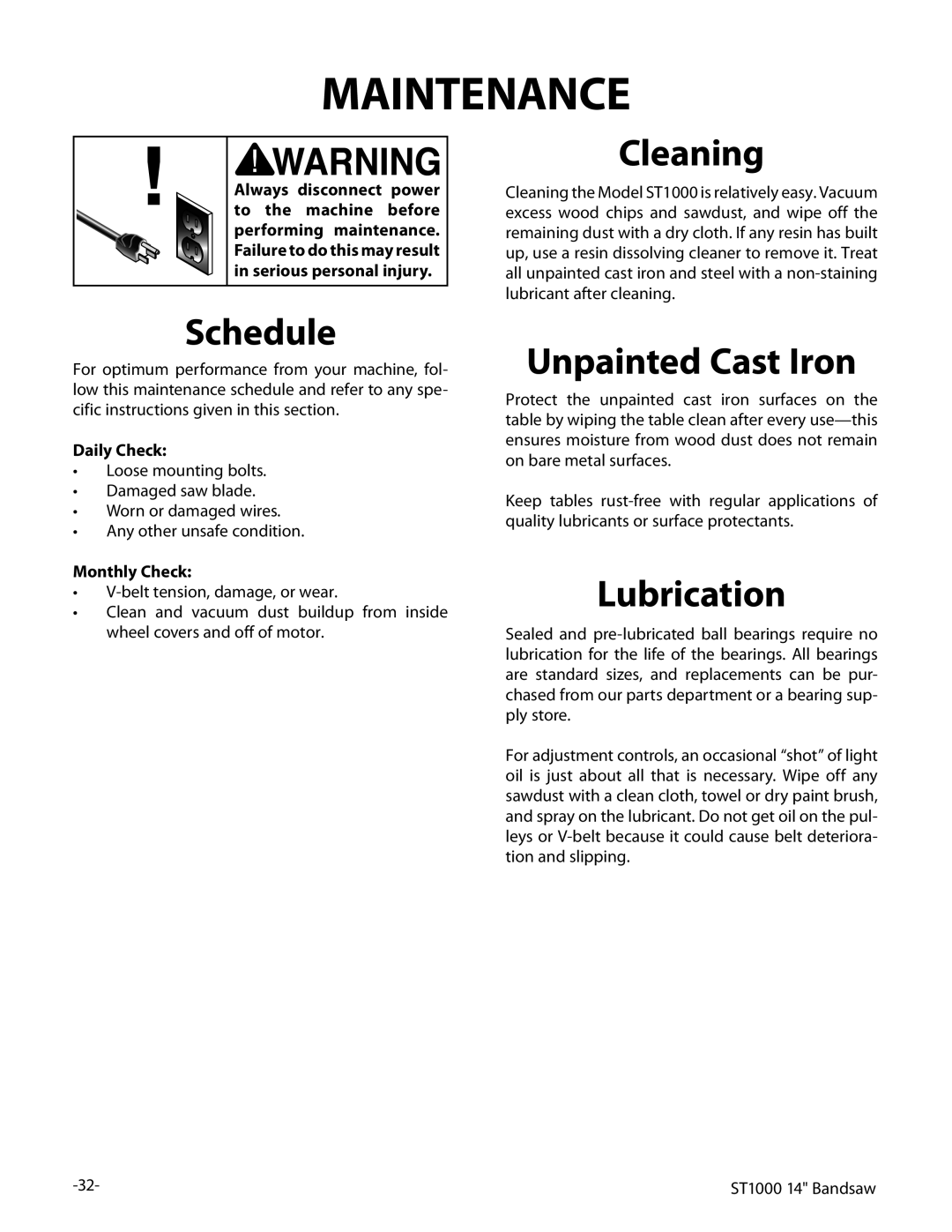 Woodstock ST1000 owner manual Maintenance, Schedule, Cleaning, Unpainted Cast Iron, Lubrication 