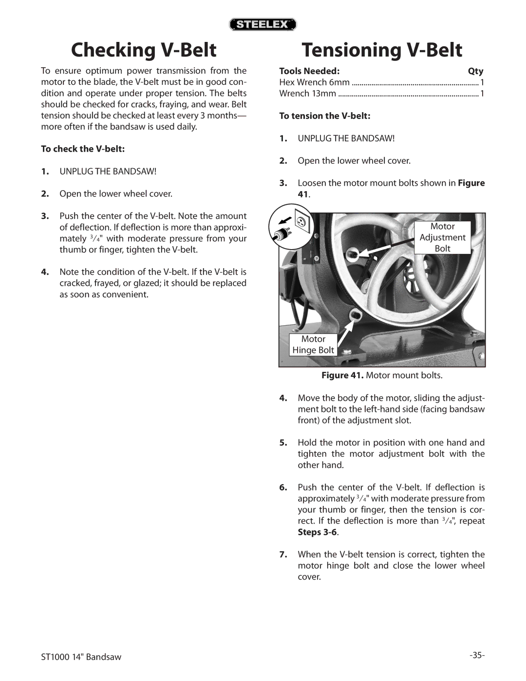 Woodstock ST1000 Checking V-Belt, Tensioning V-Belt, To check the V-belt, Tools Needed Qty, To tension the V-belt 