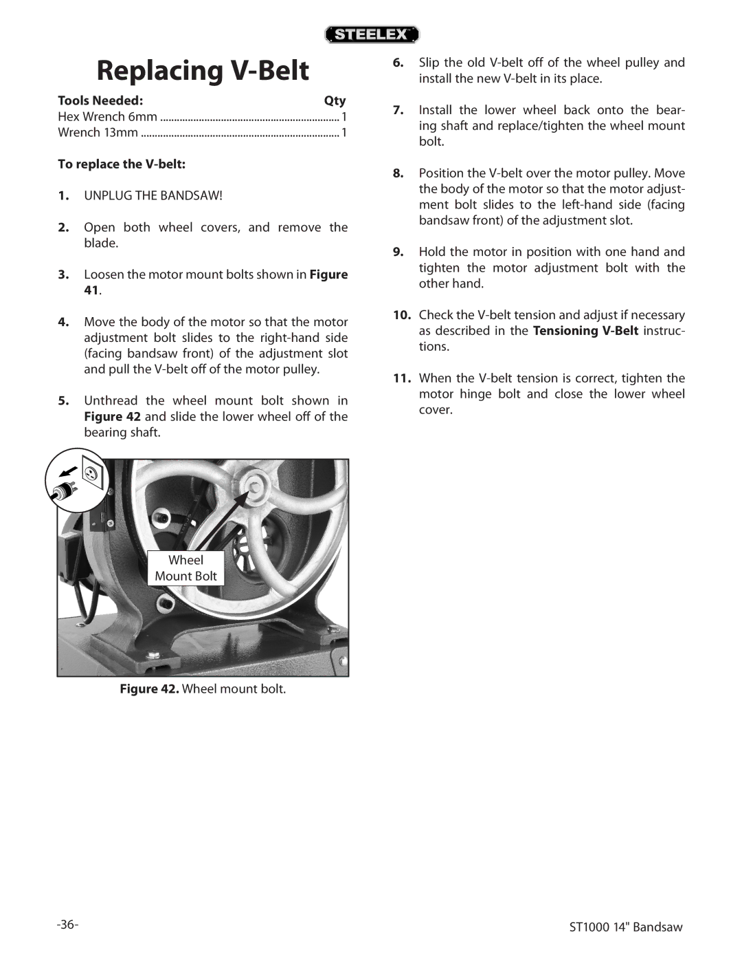 Woodstock ST1000 owner manual Replacing V-Belt, To replace the V-belt 