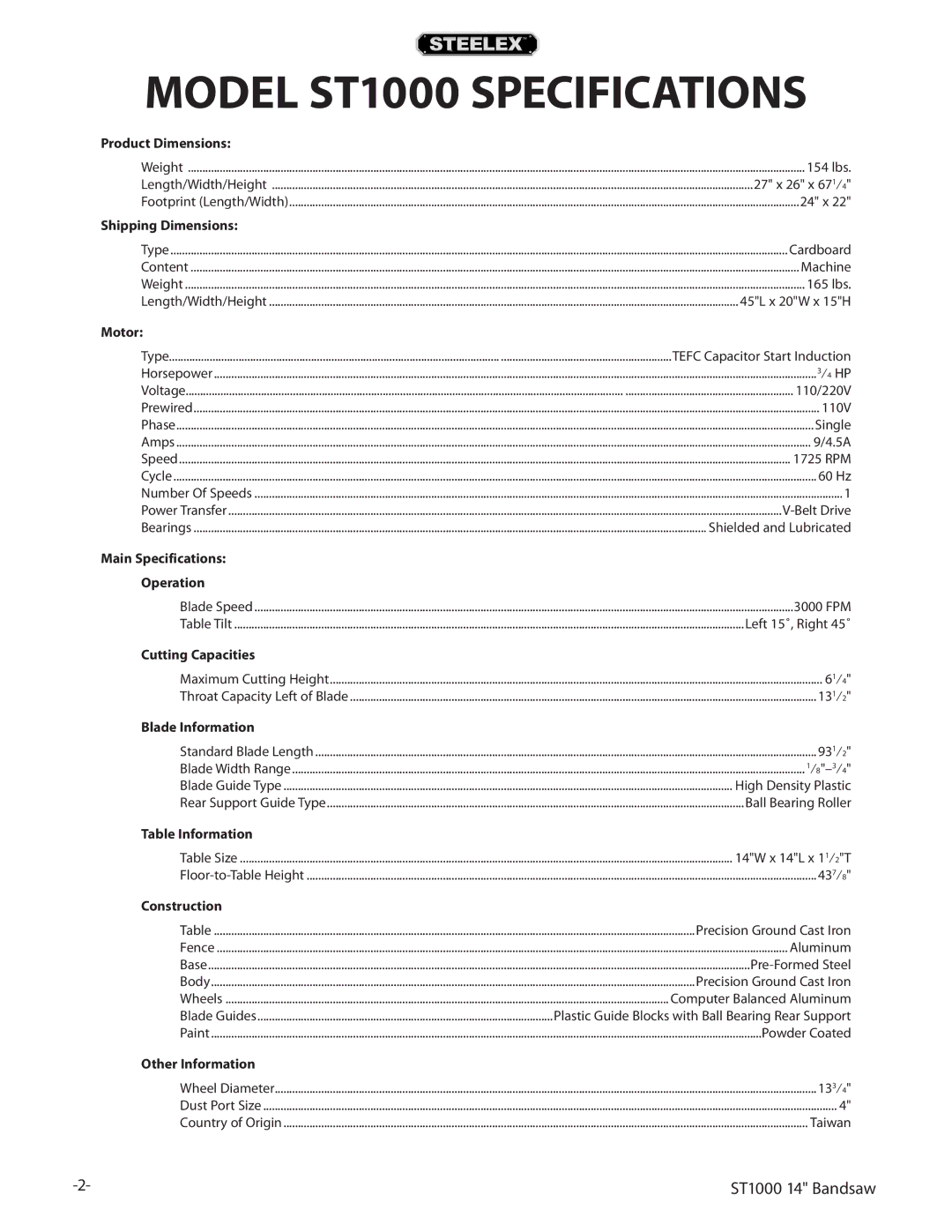 Woodstock owner manual Model ST1000 Specifications, Motor 