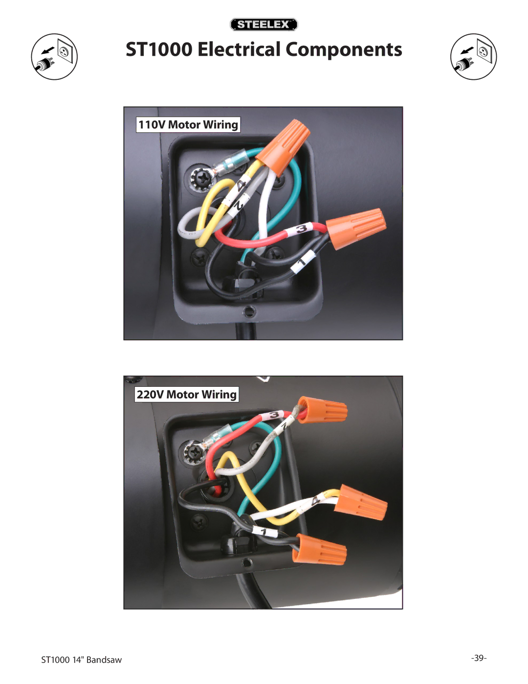 Woodstock owner manual ST1000 Electrical Components, 110V Motor Wiring 220V Motor Wiring 