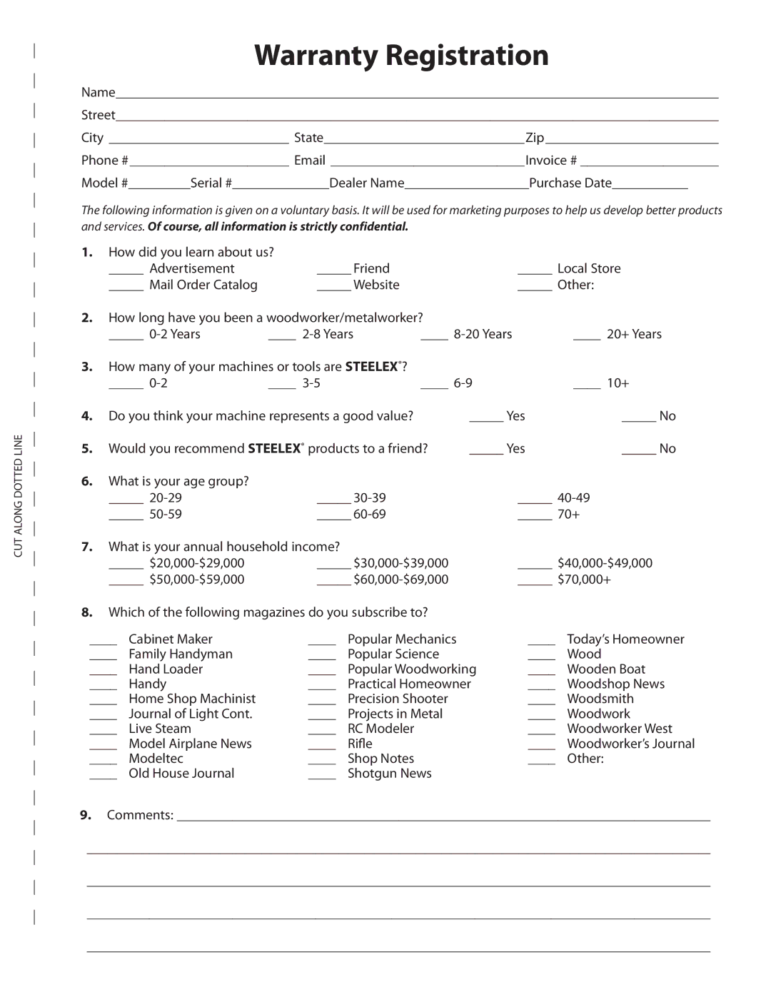 Woodstock ST1000 owner manual Warranty Registration, Comments 