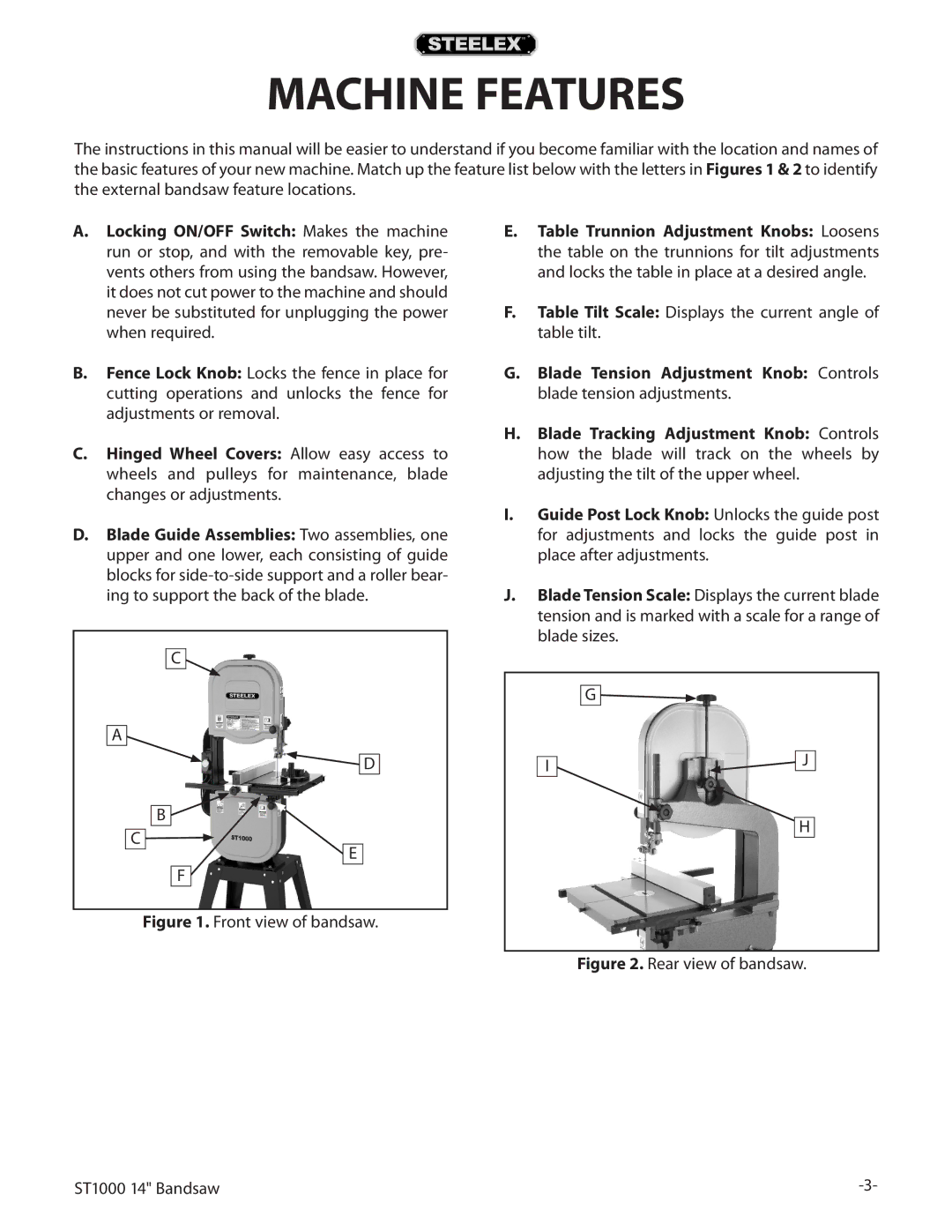 Woodstock ST1000 owner manual Machine Features, Front view of bandsaw 