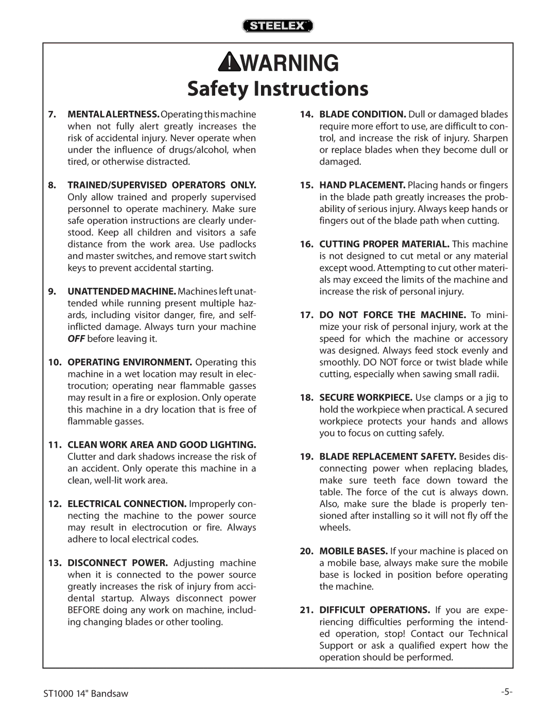 Woodstock ST1000 owner manual Safety Instructions 