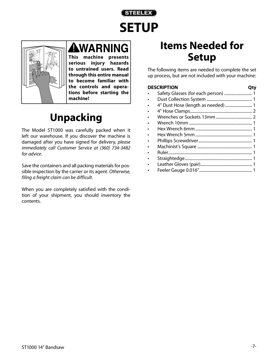 Woodstock ST1000 owner manual Unpacking, Items Needed for Setup, Qty 