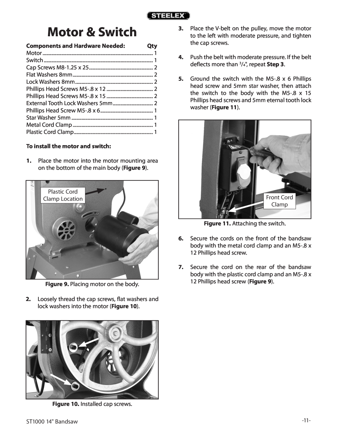Woodstock ST1000 owner manual Motor & Switch, To install the motor and switch, Components and Hardware Needed 