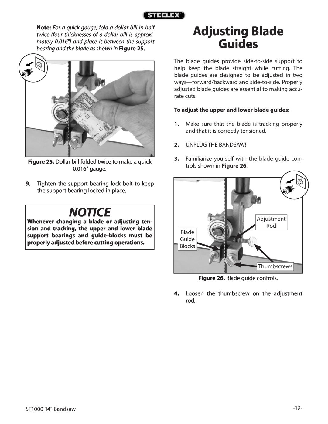 Woodstock ST1000 owner manual Adjusting Blade Guides, To adjust the upper and lower blade guides 