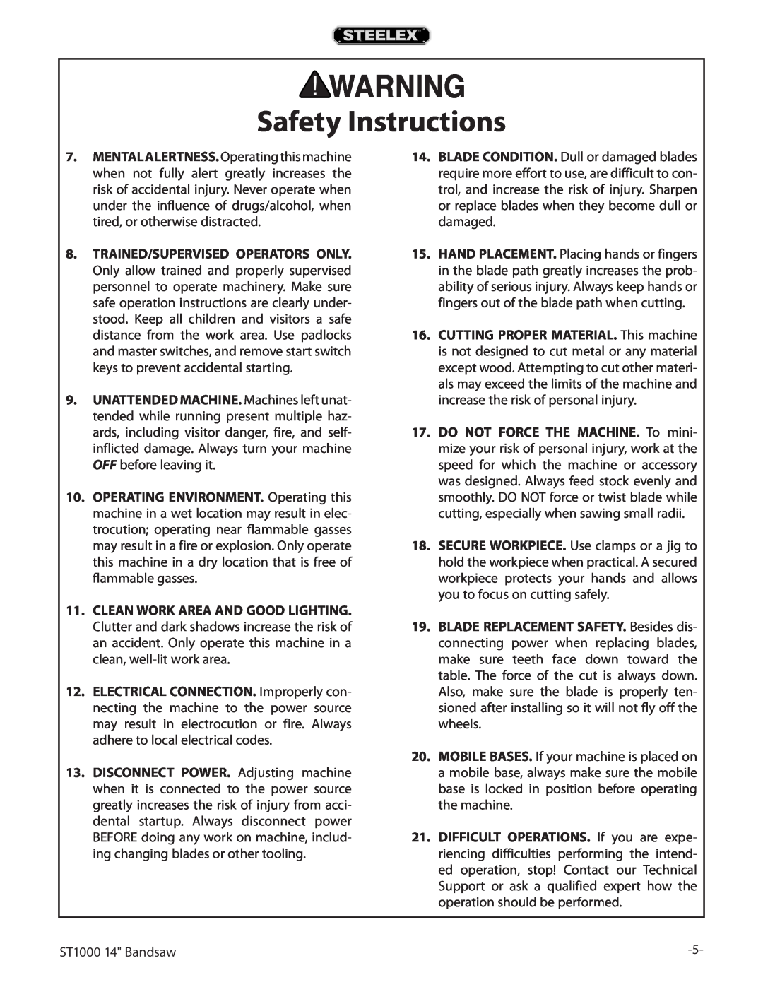 Woodstock ST1000 owner manual Safety Instructions 