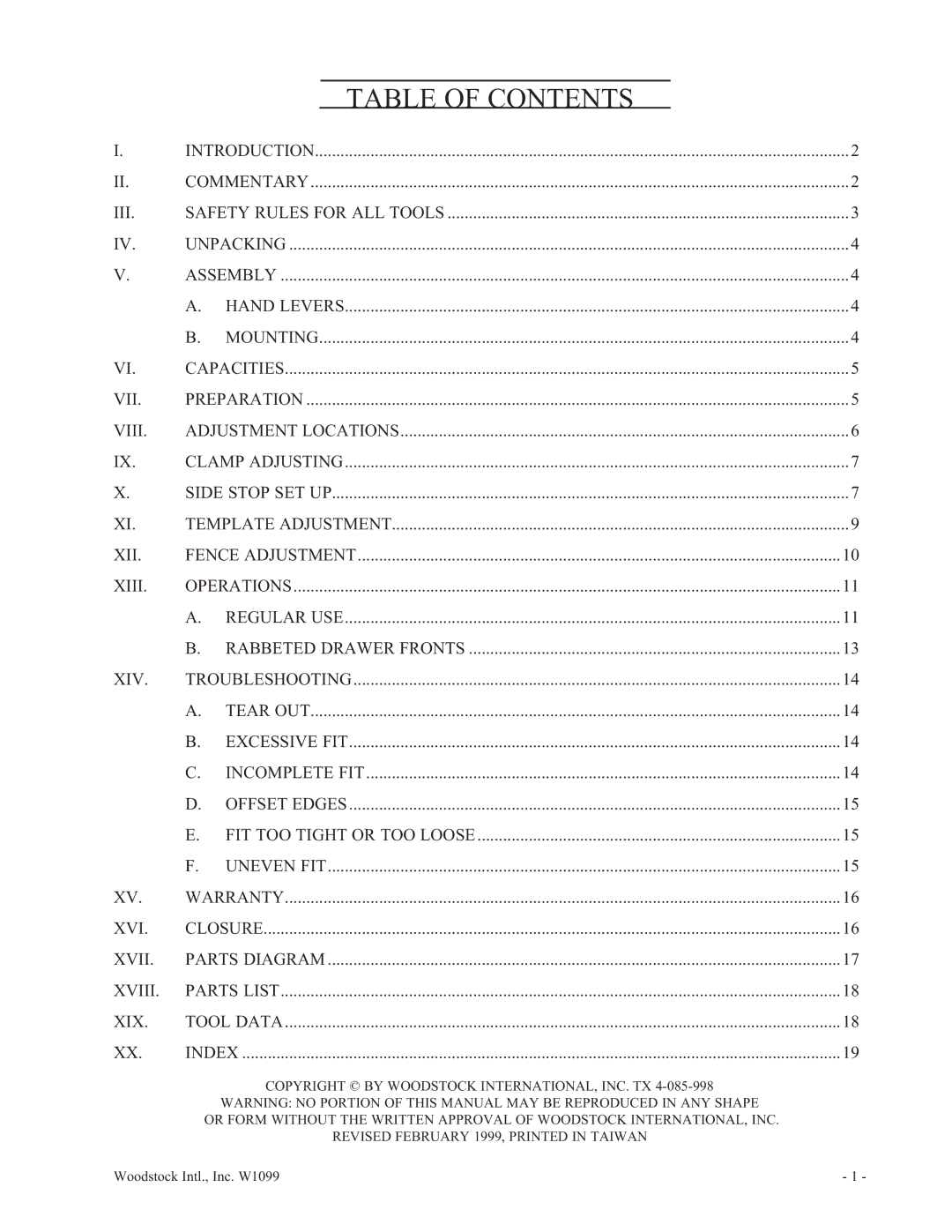 Woodstock W1099 manual Table of Contents 