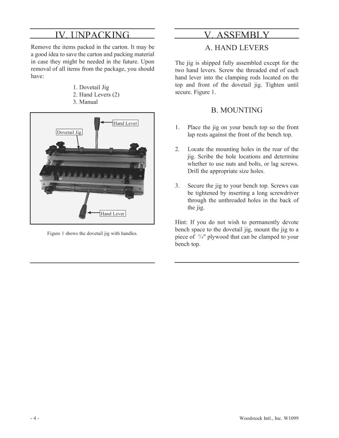 Woodstock W1099 manual IV. Unpacking, Assembly, Hand Levers, Mounting 