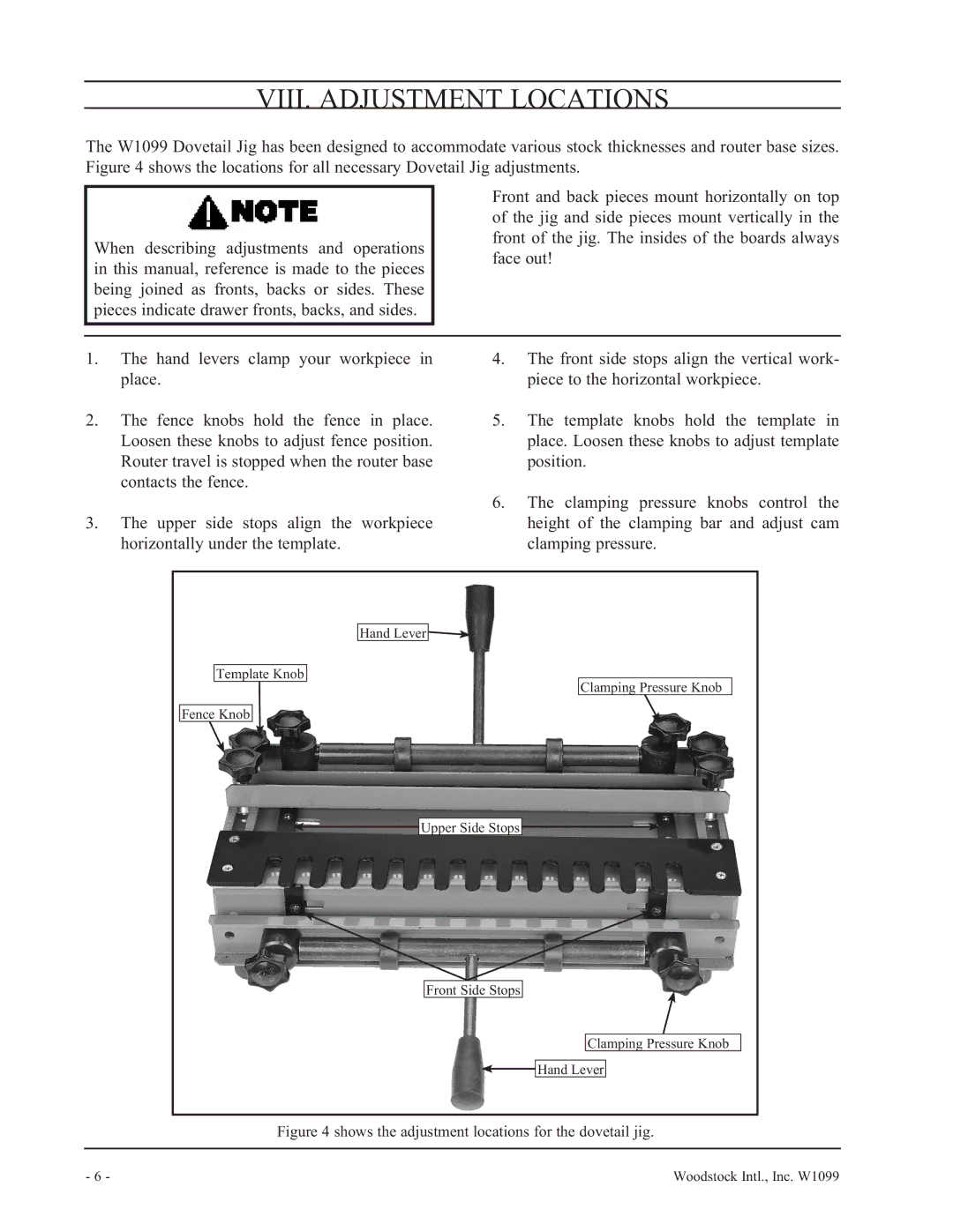 Woodstock W1099 manual VIII. Adjustment Locations, Shows the adjustment locations for the dovetail jig 