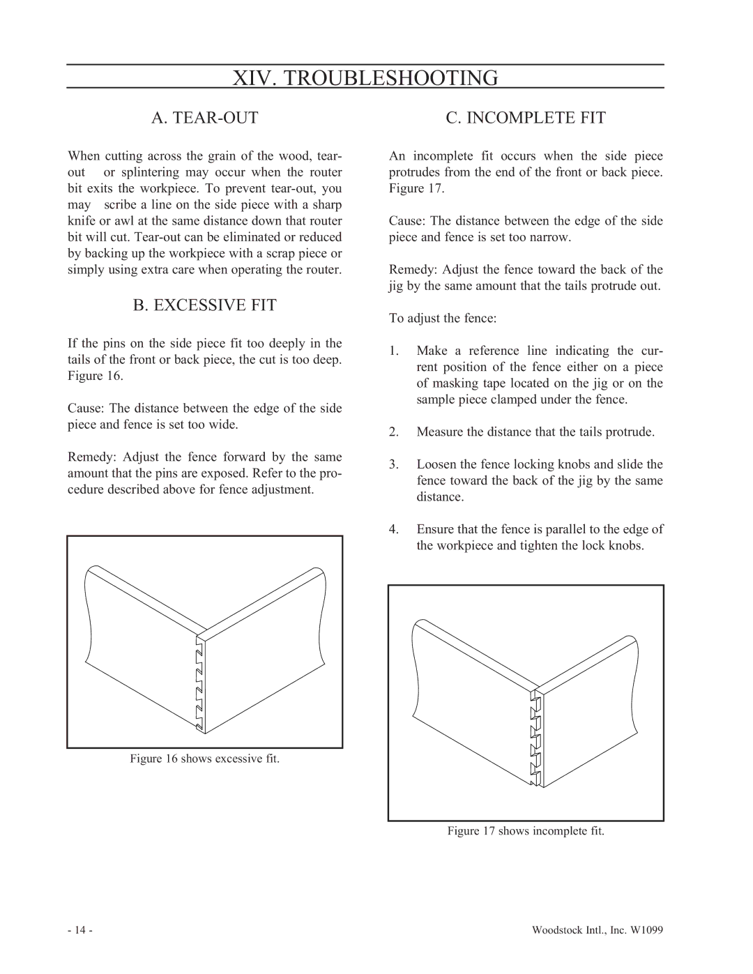 Woodstock W1099 manual XIV. Troubleshooting, Tear-Out, Excessive FIT, Incomplete FIT 