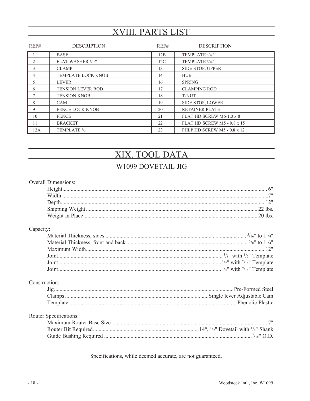 Woodstock manual XVIII. Parts List, XIX. Tool Data, W1099 Dovetail JIG 