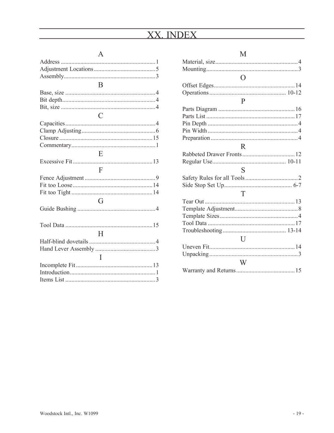 Woodstock W1099 manual XX. Index, 10-12 