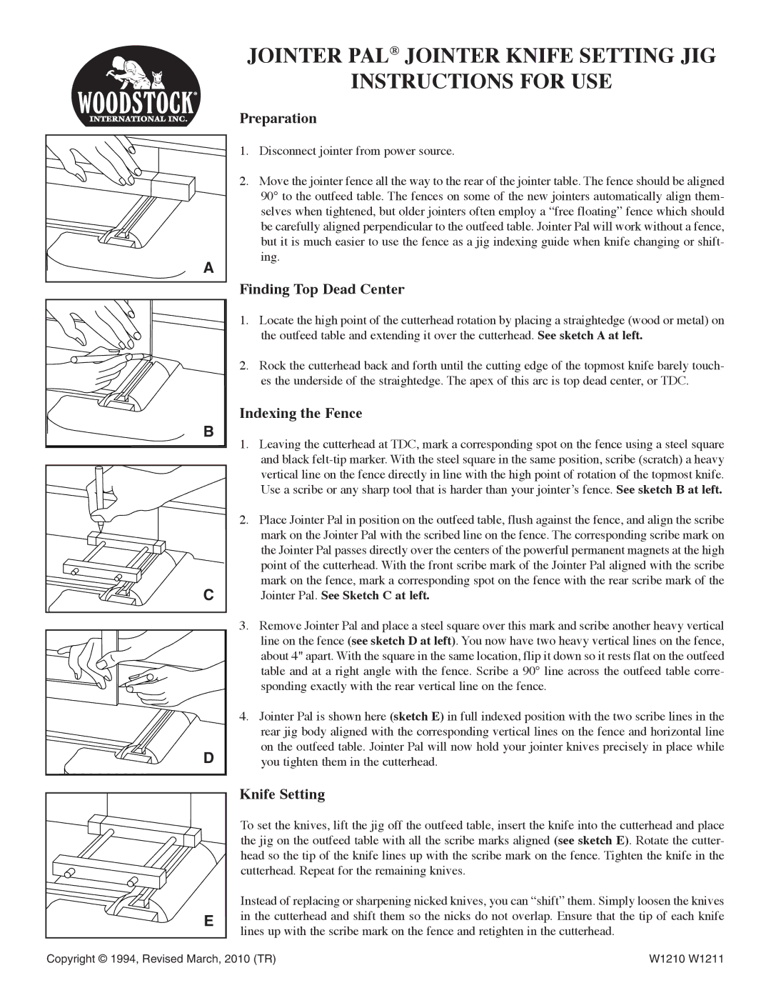 Woodstock W1210 manual Jointer PAL Jointer Knife Setting JIG Instructions for USE, Preparation, Finding Top Dead Center 