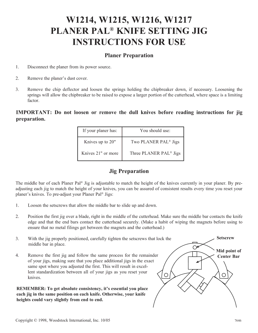 Woodstock W1217, W1215, W1216 manual Planer PAL Knife Setting JIG Instructions for USE, Planer Preparation, Jig Preparation 