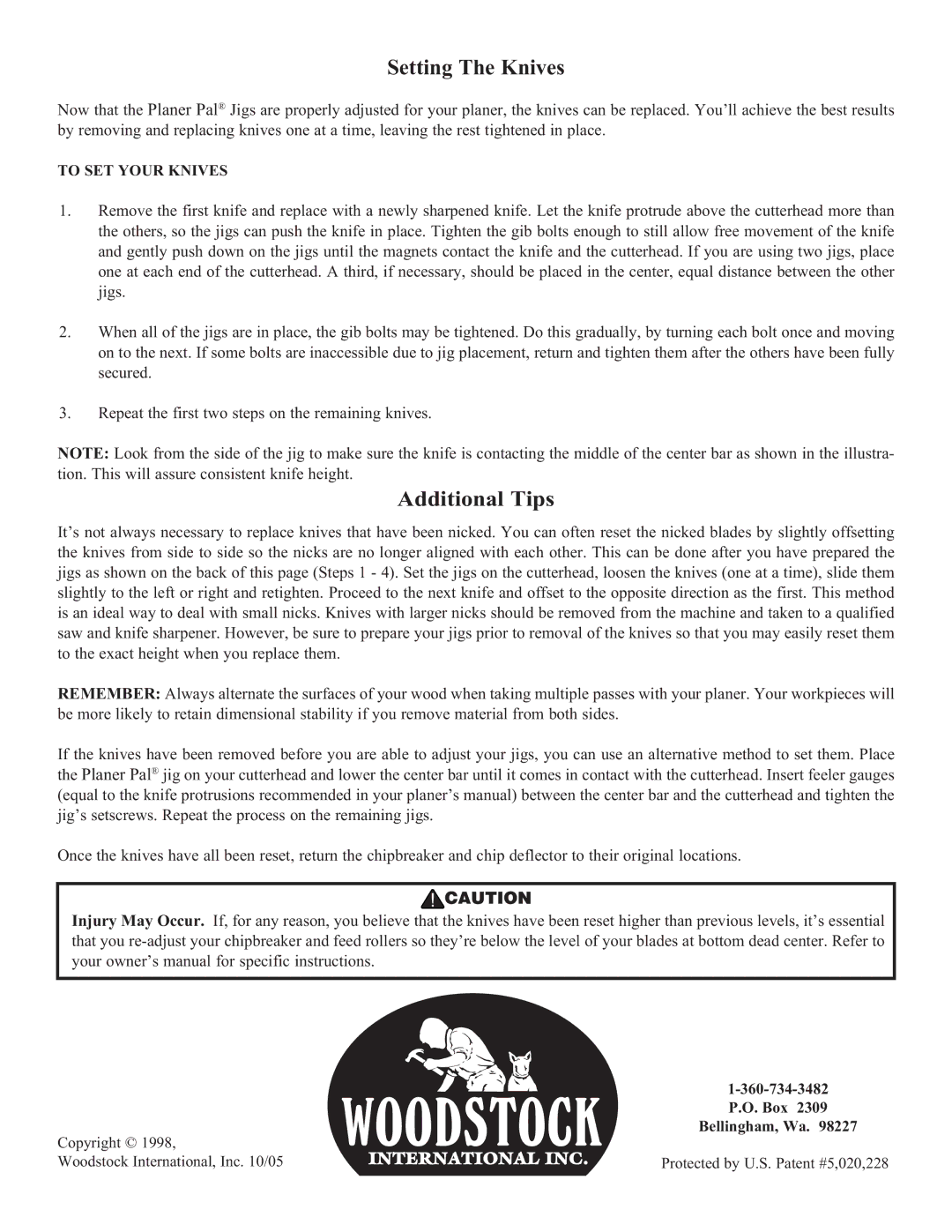 Woodstock W1216, W1215, W1217, W1214 manual Setting The Knives, Additional Tips 