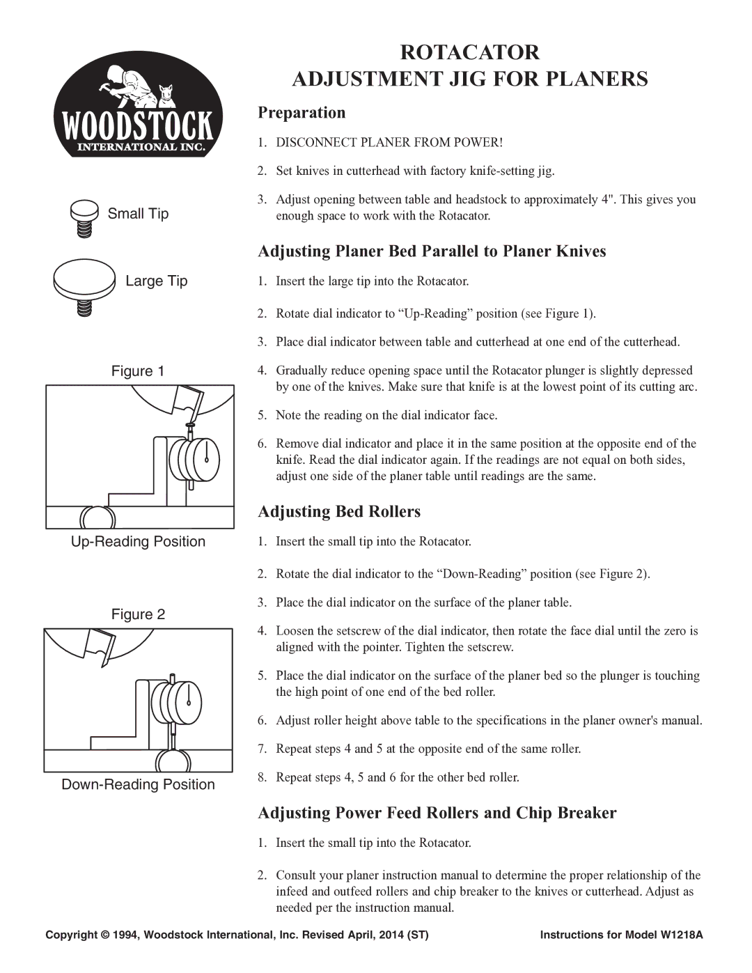 Woodstock W1218A specifications Rotacator Adjustment JIG for planers, Preparation, Adjusting Bed Rollers 