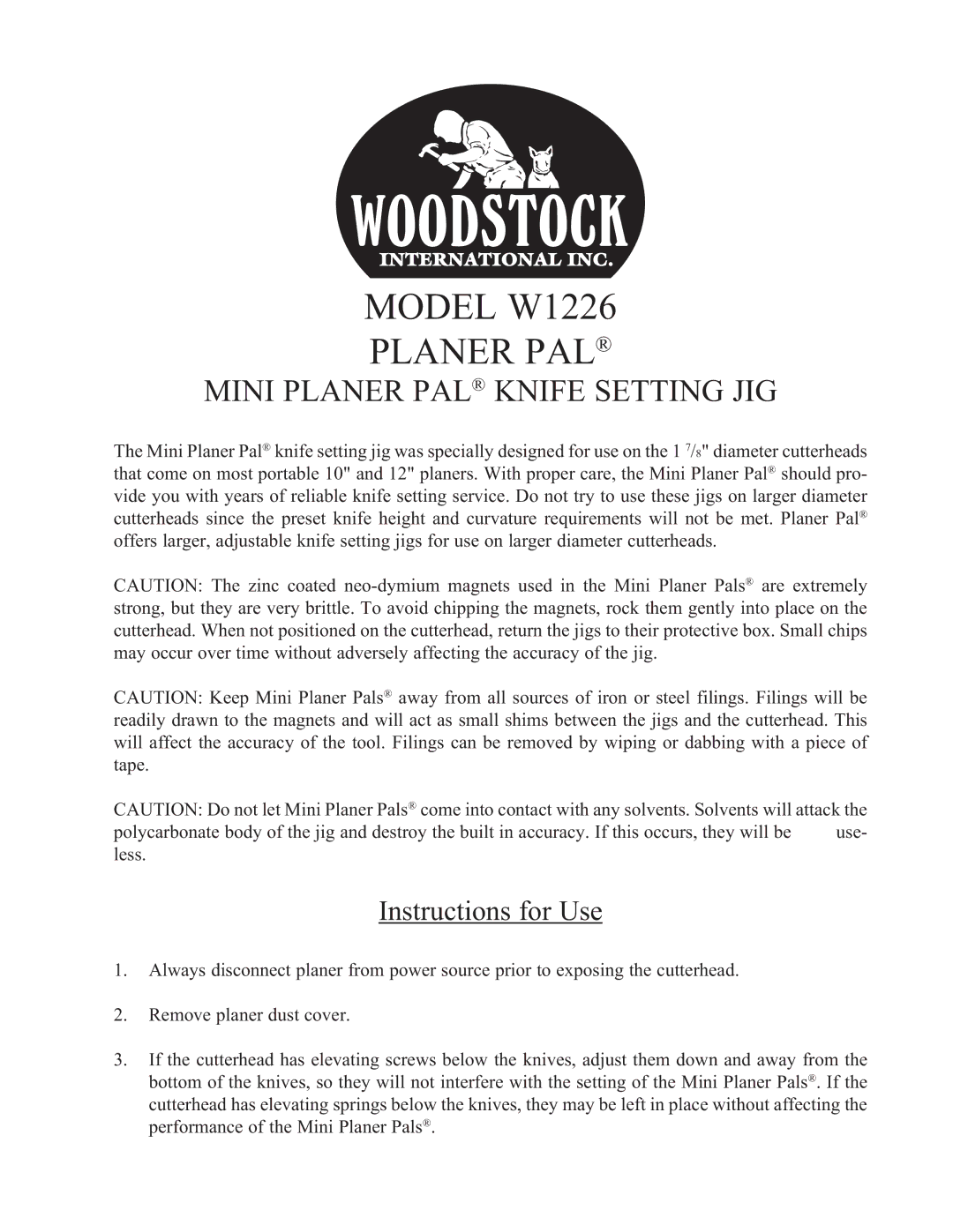 Woodstock manual Model W1226 Planer PAL, Mini Planer PAL Knife Setting JIG, Instructions for Use 