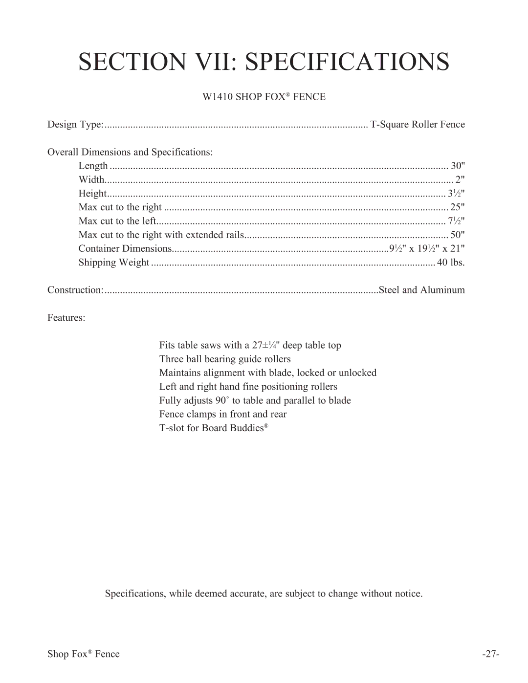 Woodstock manual Section VII Specifications, W1410 Shop FOX Fence 