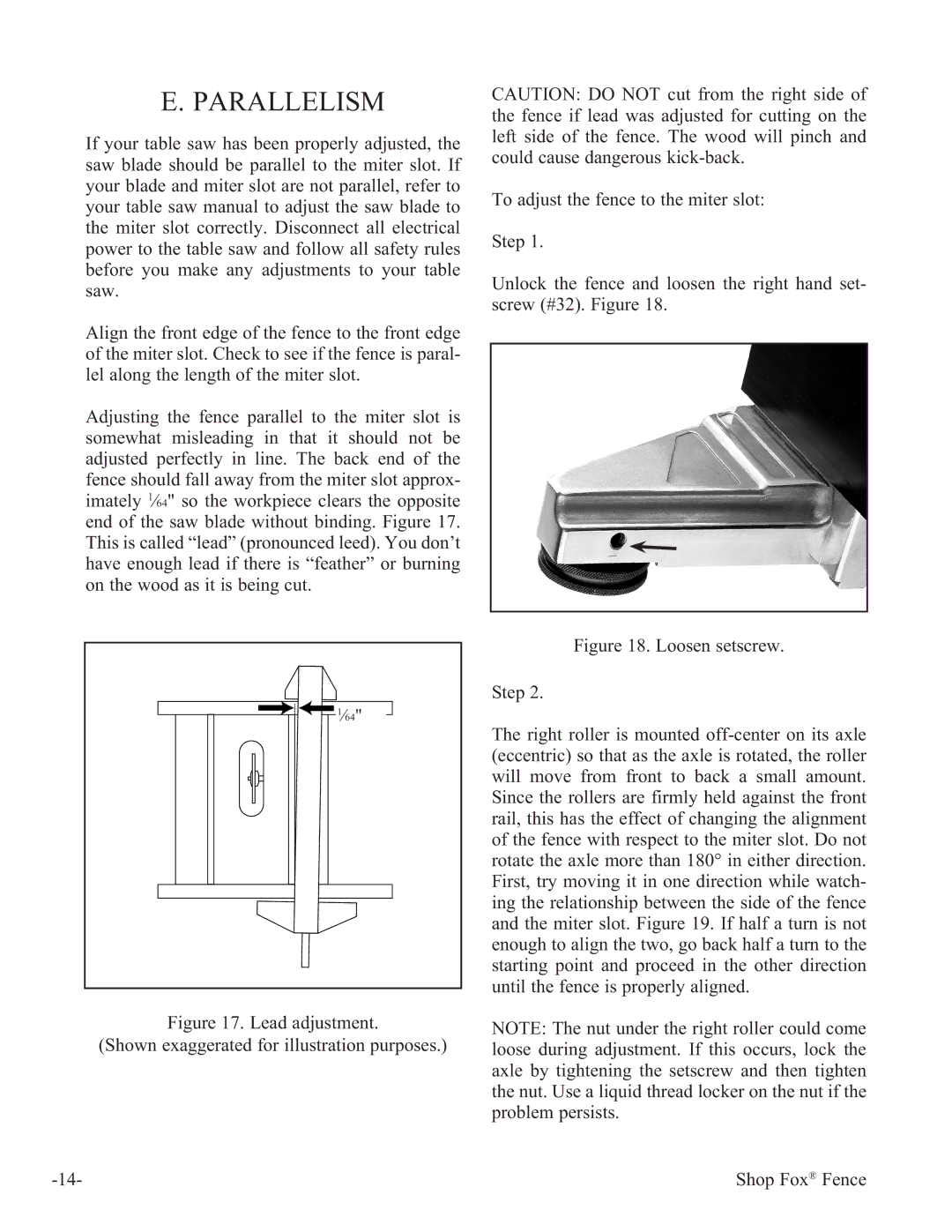 Woodstock W1410 manual Parallelism, Lead adjustment Shown exaggerated for illustration purposes 