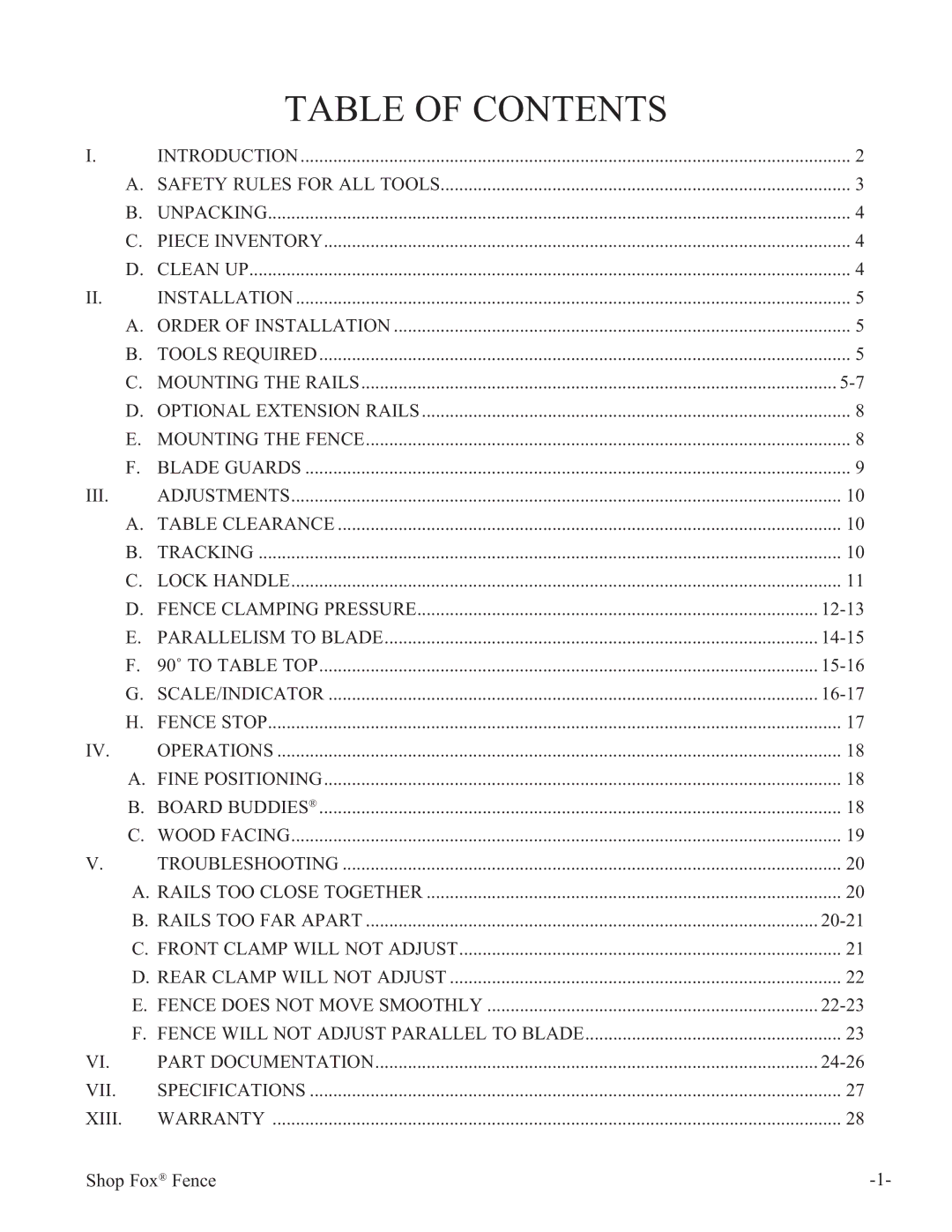 Woodstock W1410 manual Table of Contents 