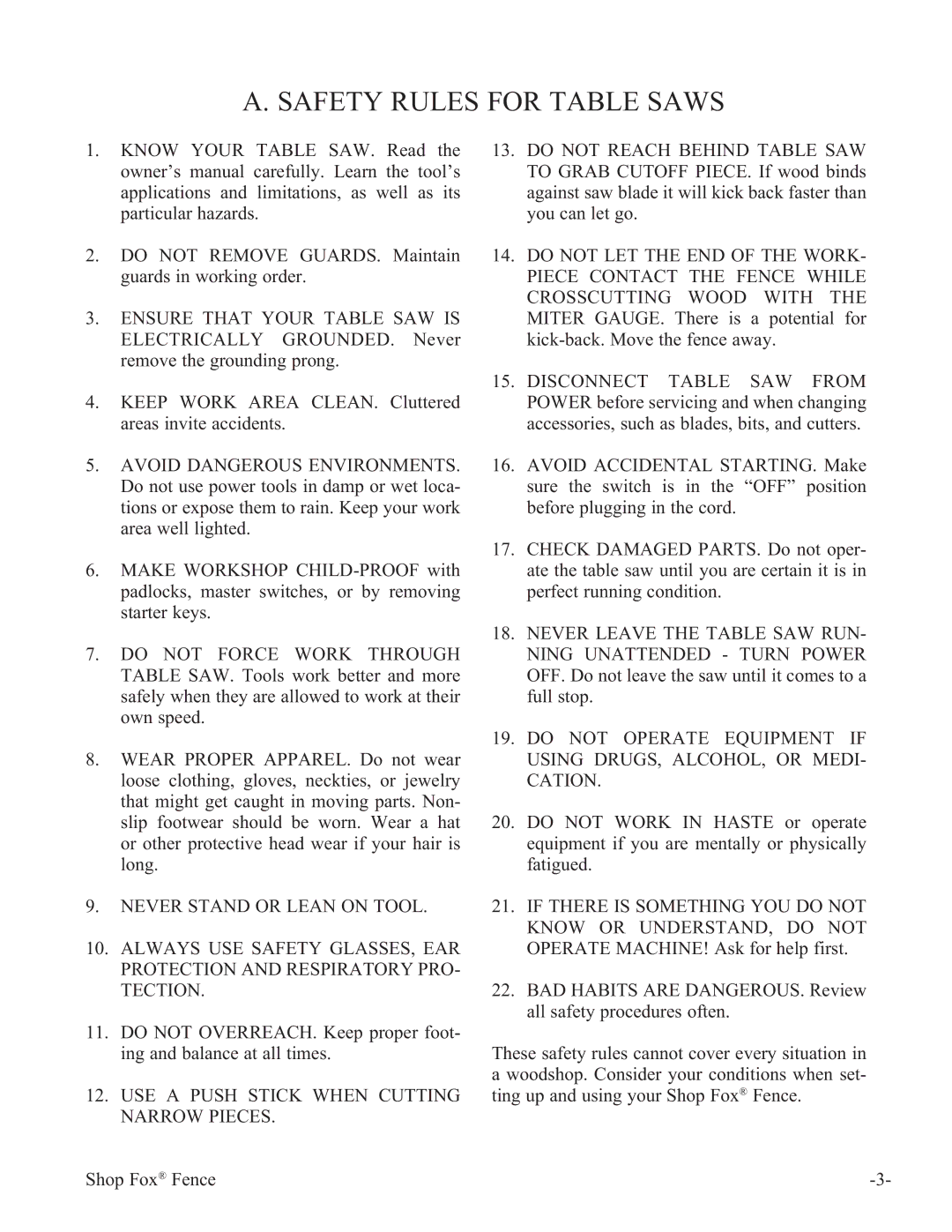 Woodstock W1410 manual Safety Rules for Table Saws, USE a Push Stick When Cutting Narrow Pieces 