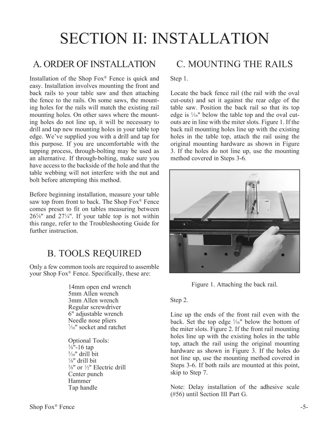 Woodstock W1410 manual Section II Installation, Order of Installation, Tools Required, Mounting the Rails 