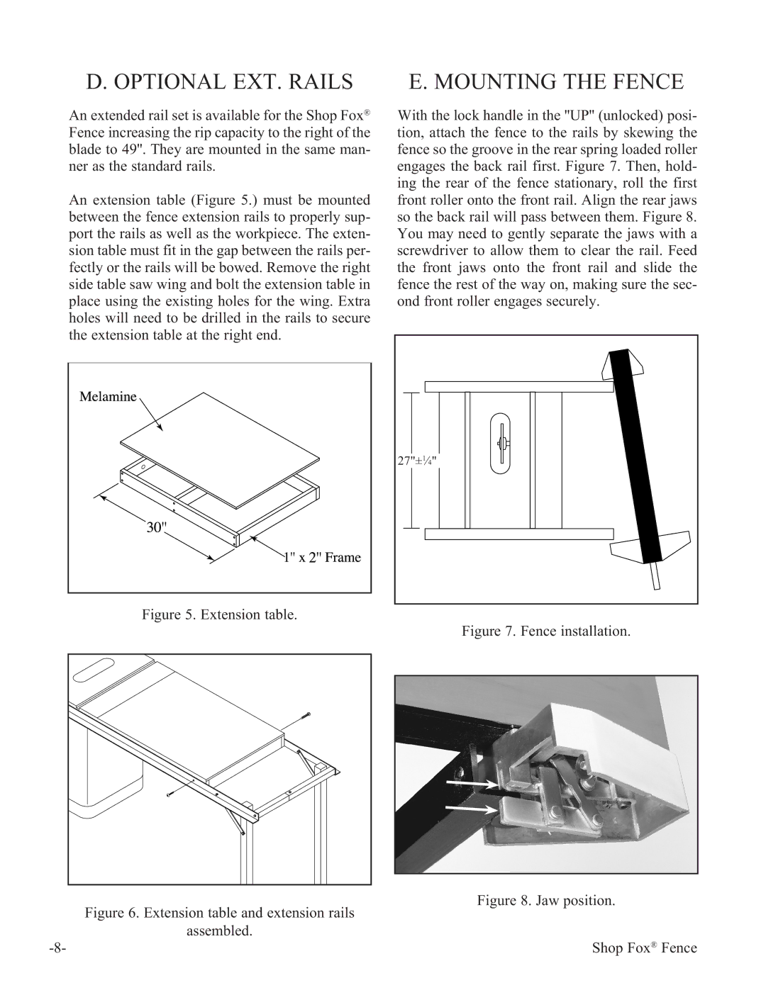 Woodstock W1410 manual Optional EXT. Rails Mounting the Fence, Fence installation 