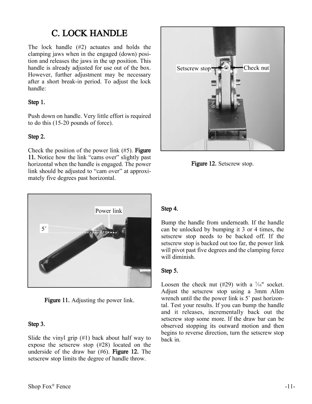 Woodstock W1410 manual Lock Handle, Setscrew stop Power link 