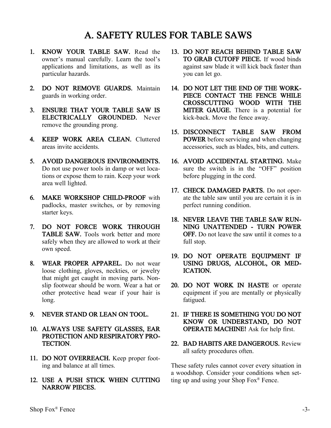 Woodstock W1410 manual Safety Rules for Table Saws, USE a Push Stick When Cutting Narrow Pieces 