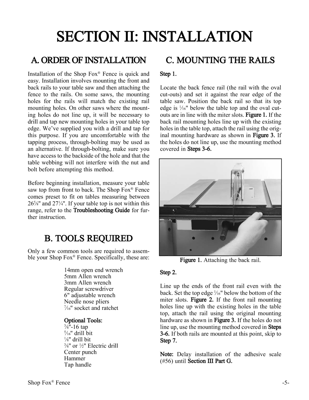 Woodstock W1410 manual Section II Installation, Order of Installation, Tools Required, Mounting the Rails 