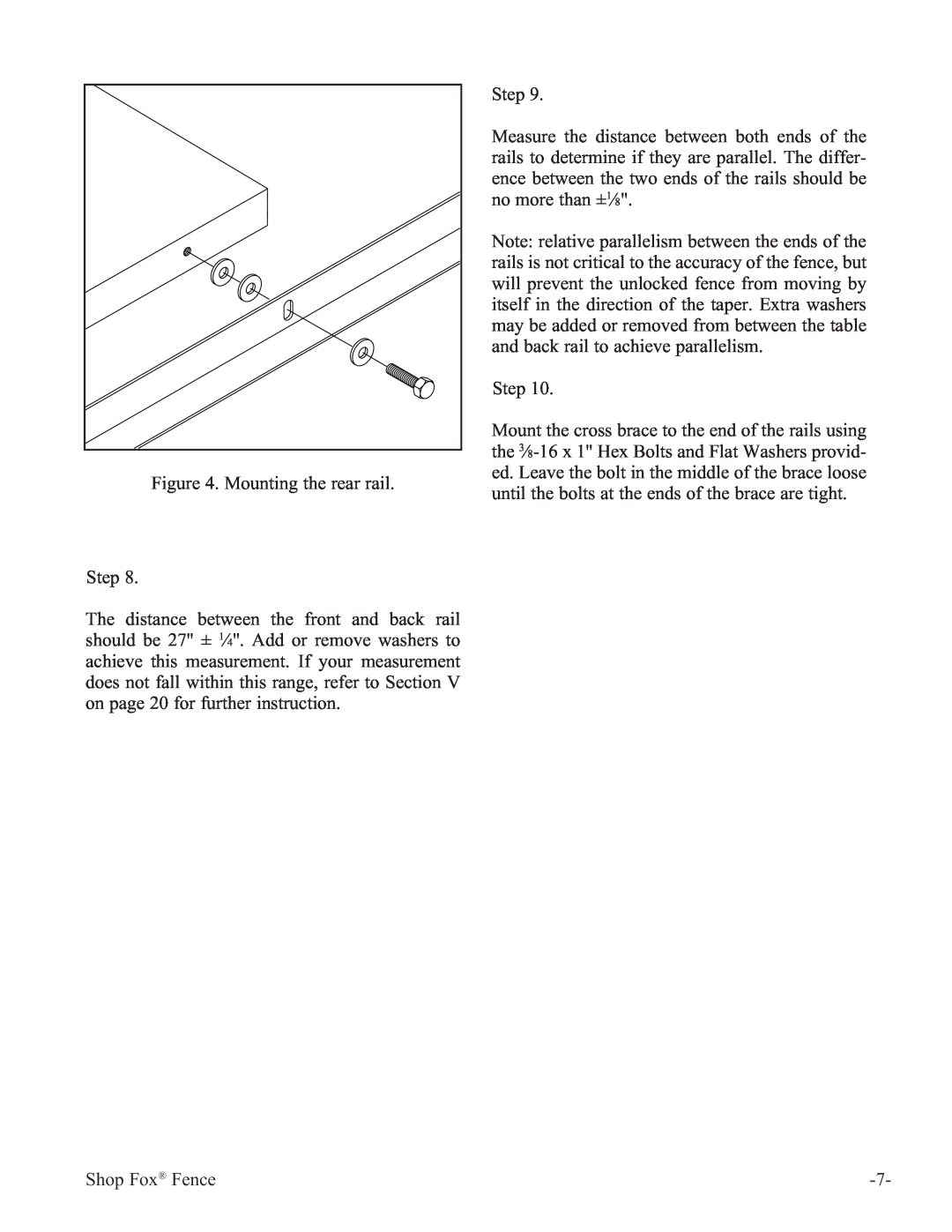 Woodstock W1410 manual Mounting the rear rail Step, Shop Fox Fence 