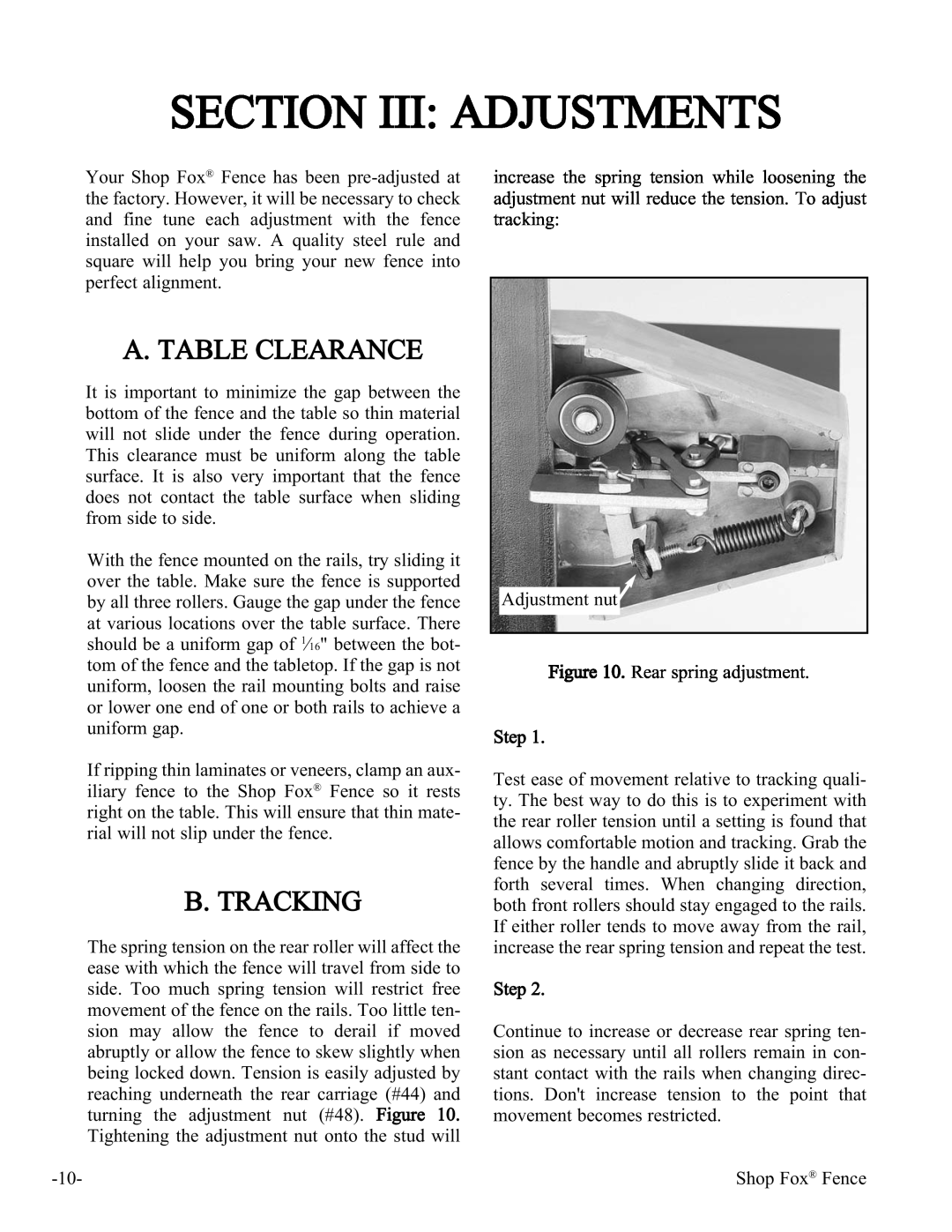 Woodstock W1410 manual Section Iii Adjustments, A. Table Clearance, B. Tracking 